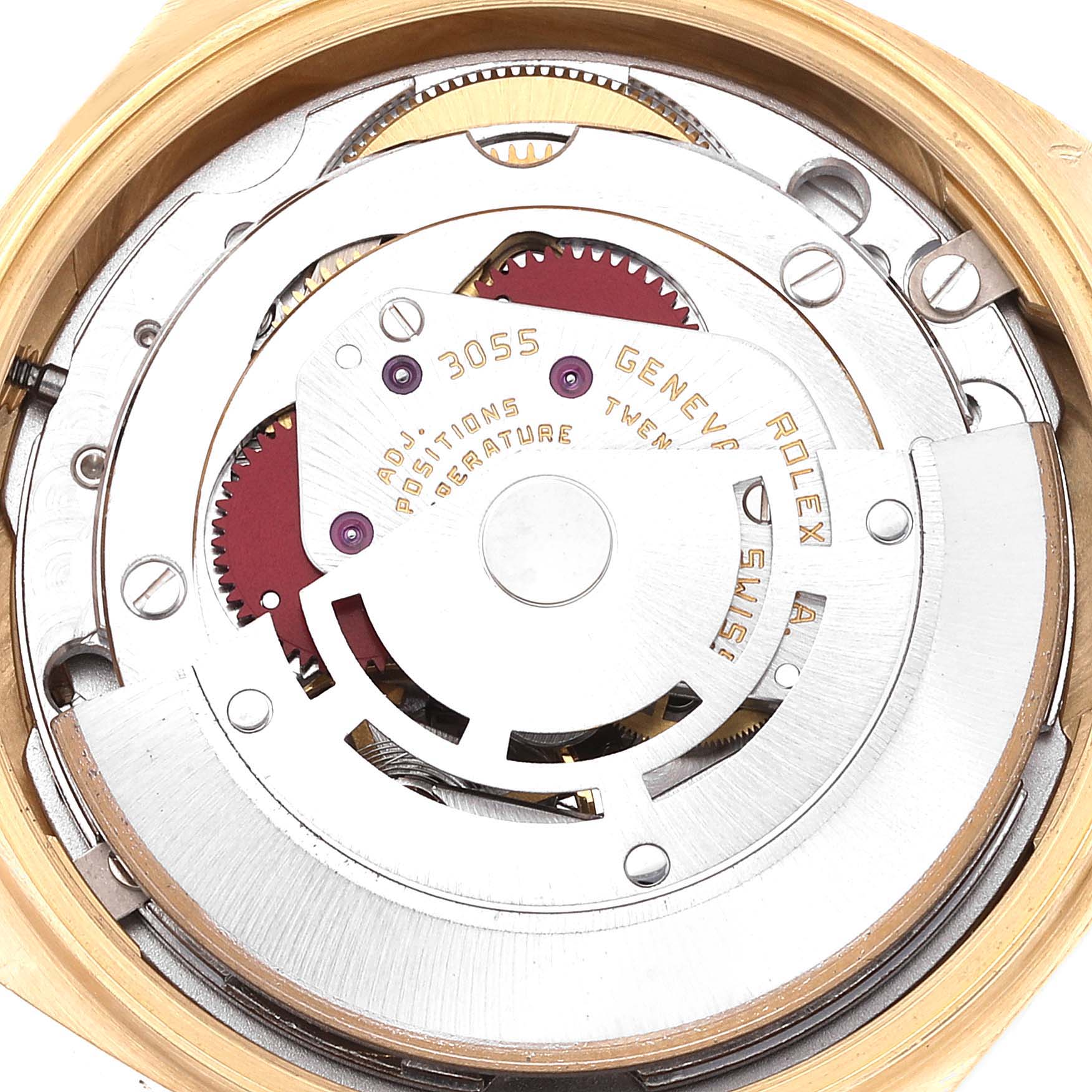 This image shows the internal mechanics of a Rolex President 18038 Men's Yellow Gold Champagne Dial 18038 Men's Yellow Gold Champagne Dial model watch, viewed from the back side.