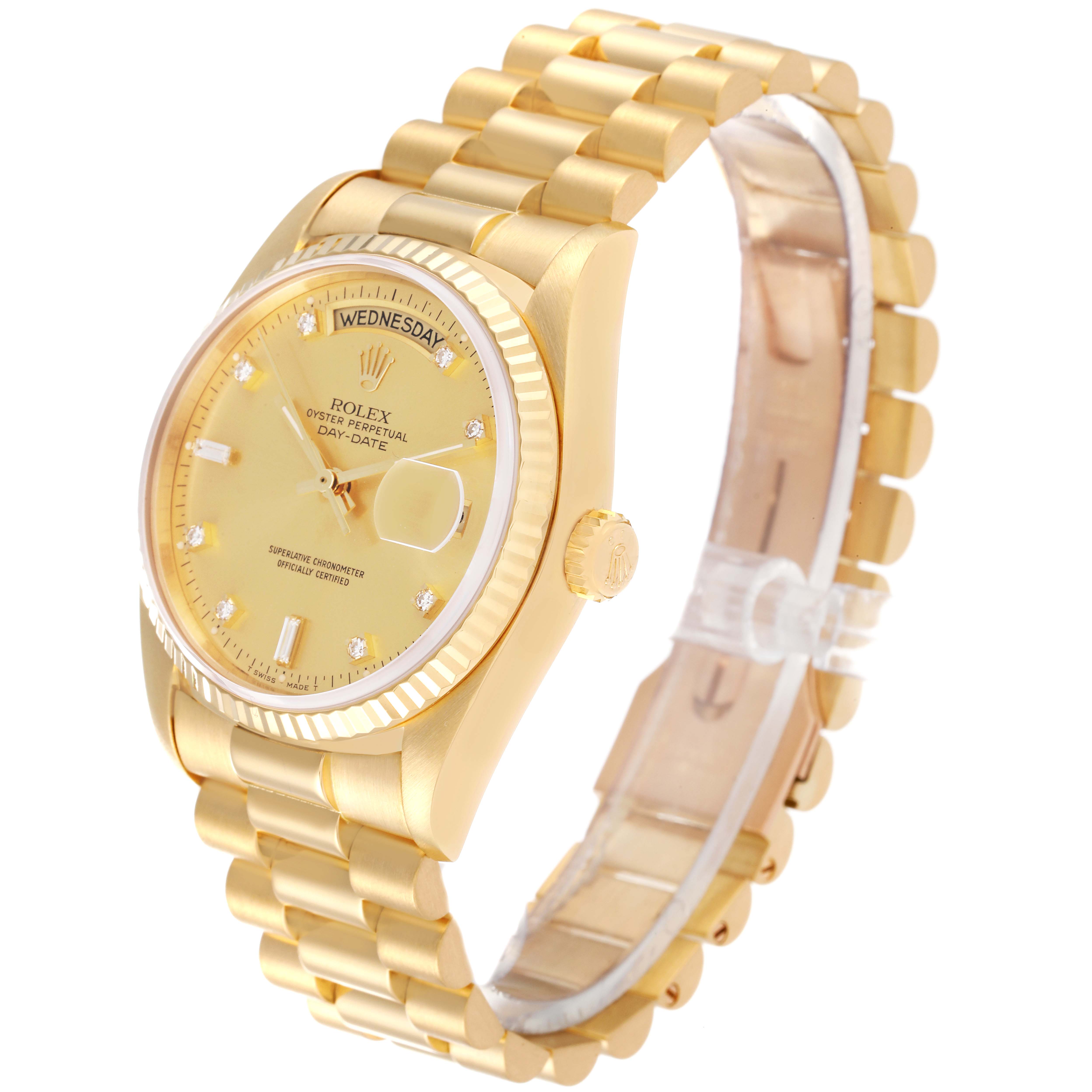 The Rolex President 18038 Men's Yellow Gold Champagne Dial 18038 Men's Yellow Gold Champagne Dial model is shown at a three-quarter angle, highlighting the bracelet, dial, bezel, and crown.
