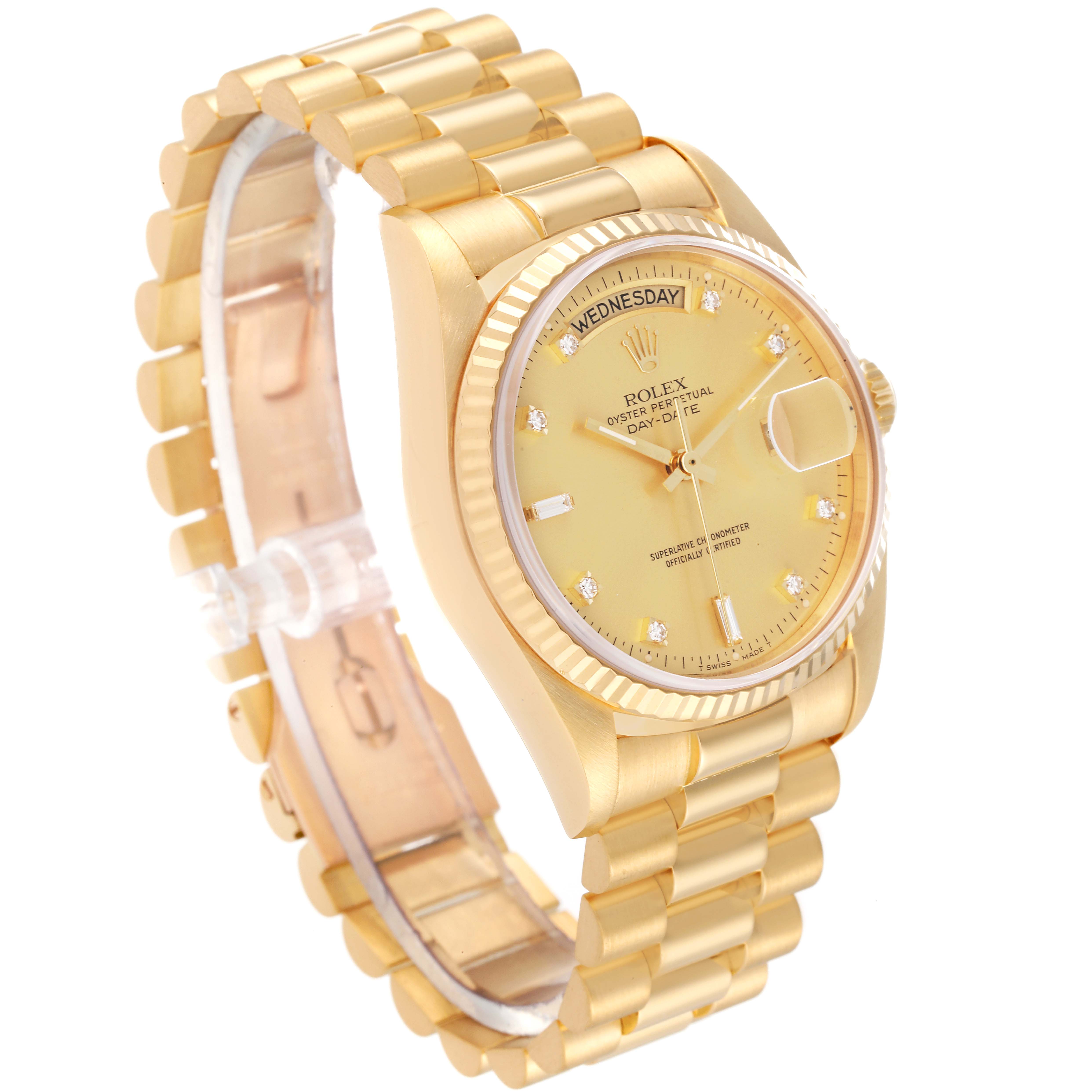 The image shows a side angle of a Rolex President 18038 Men's Yellow Gold Champagne Dial 18038 Men's Yellow Gold Champagne Dial model watch, featuring its gold bracelet, case, and diamond-accented dial.