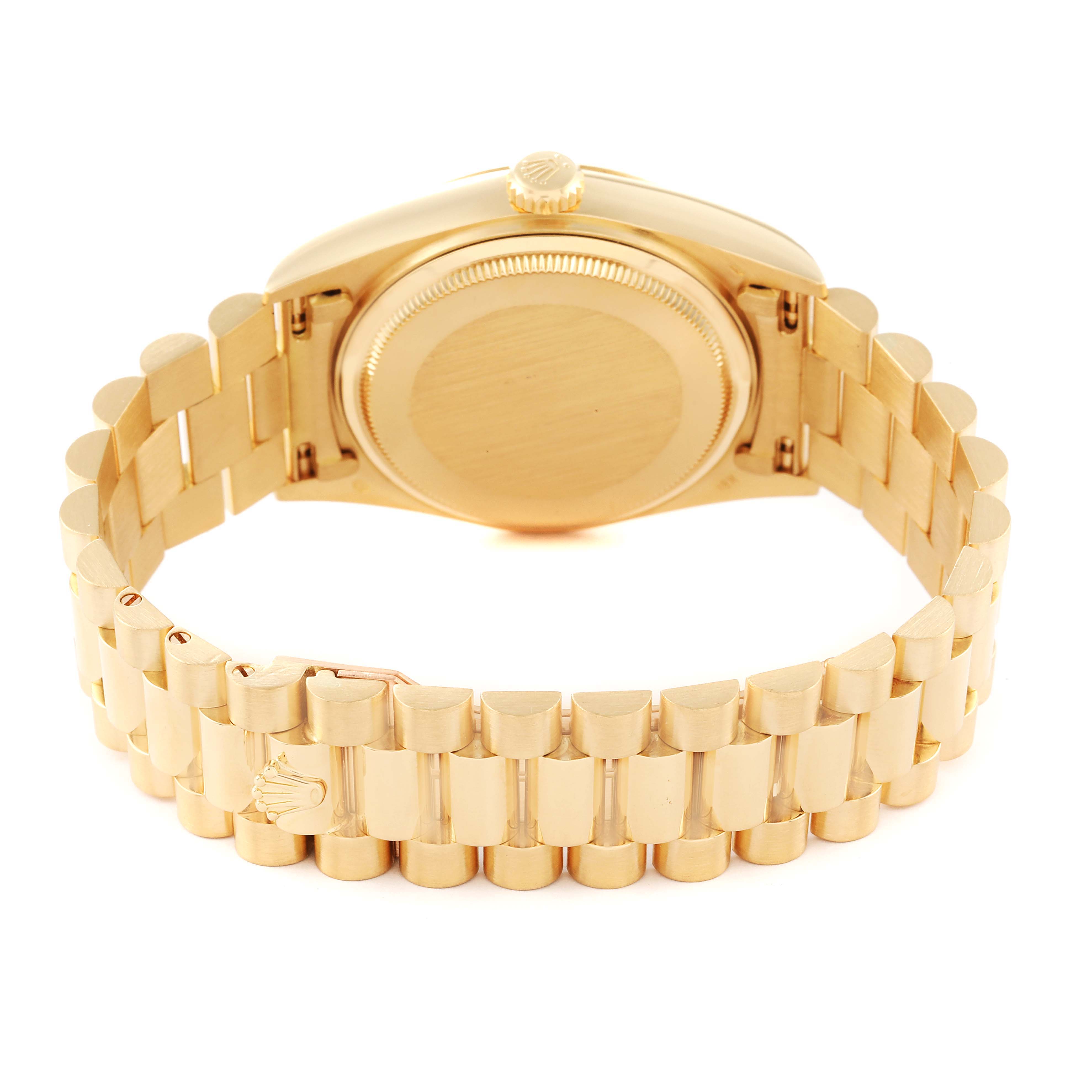 The image shows the back view of the Rolex President 18038 Men's Yellow Gold Champagne Dial 18038 Men's Yellow Gold Champagne Dial model watch, focusing on the bracelet and case back.