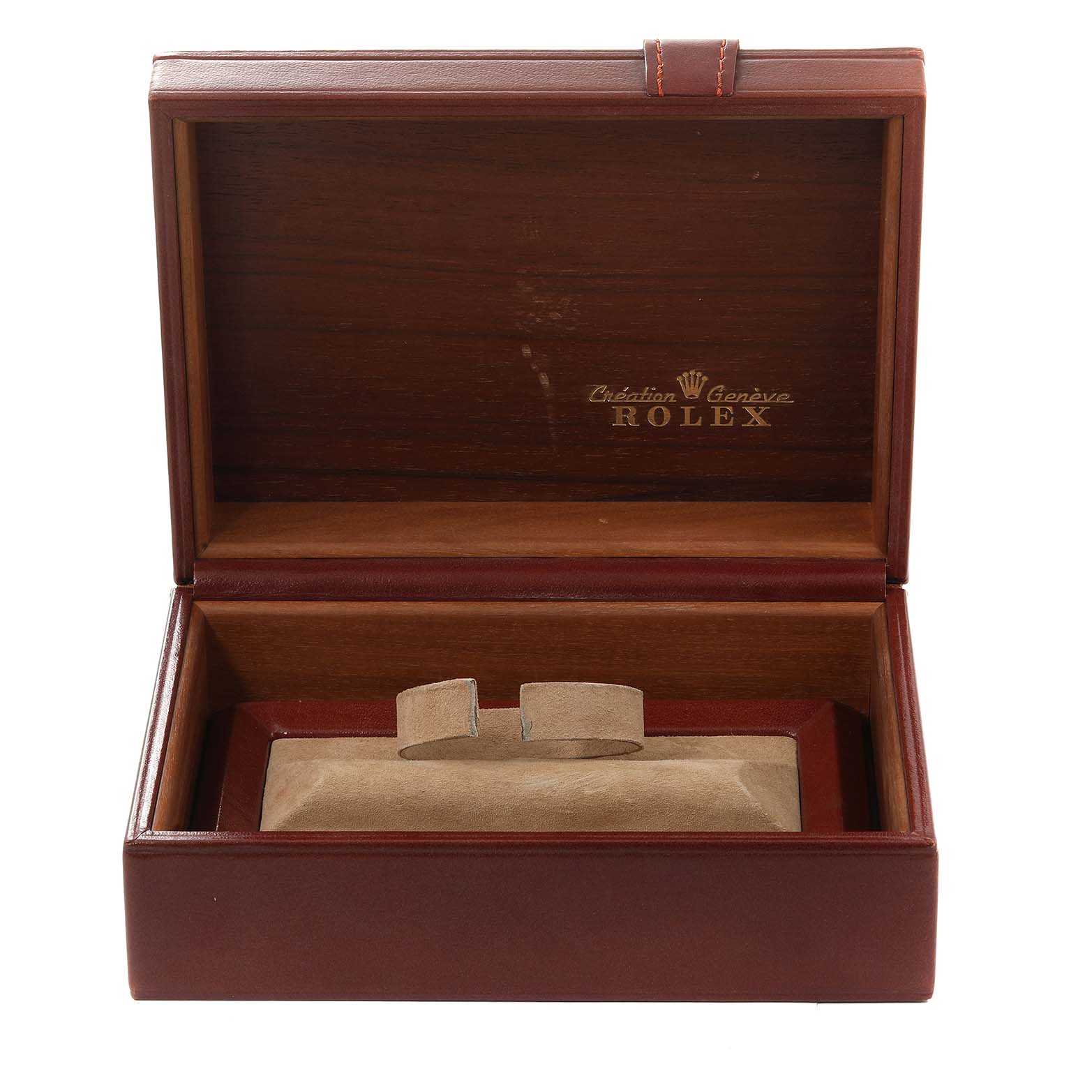The image shows an open Rolex watch box for a President model, angled to reveal the interior cushion and branding.
