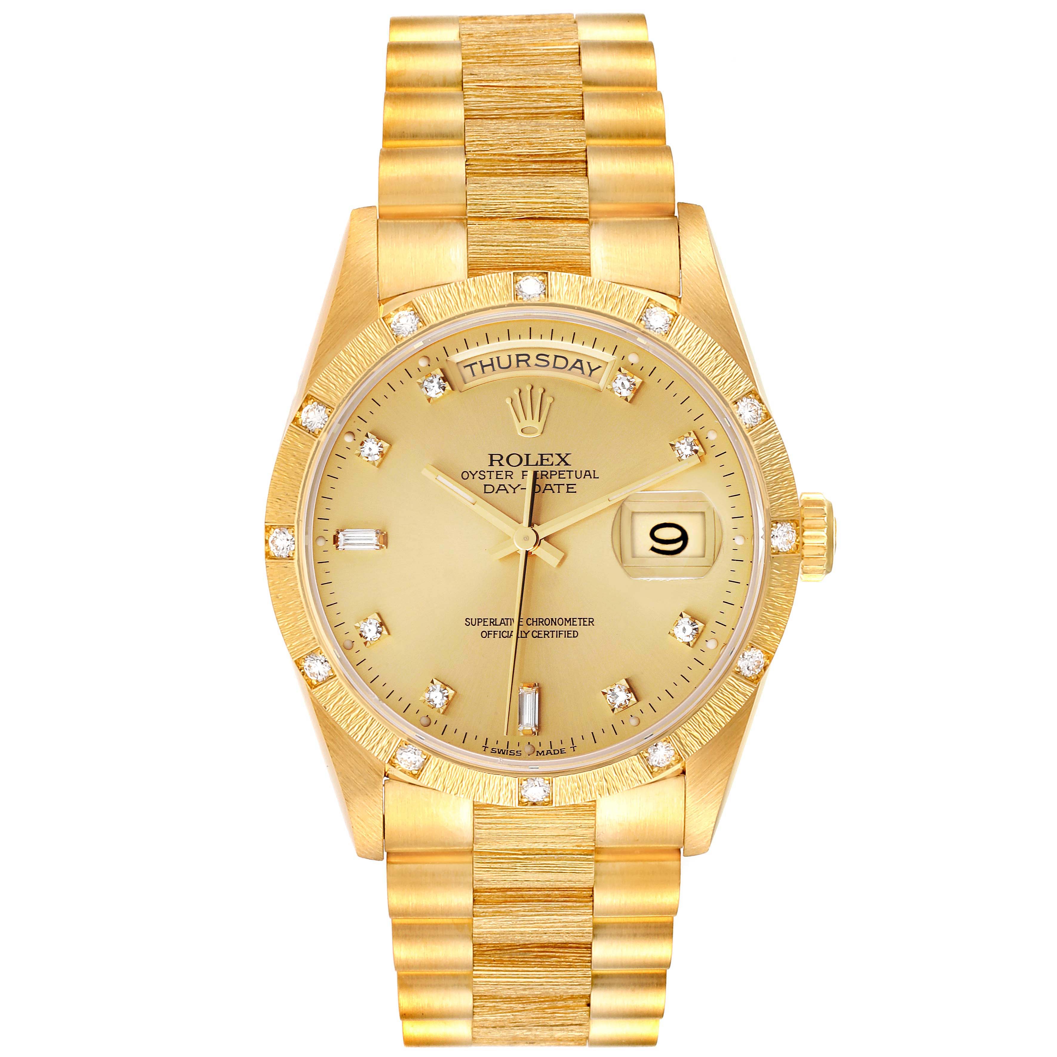This image shows a frontal view of a Rolex President 18308 Men's Yellow Gold Champagne Dial 18308 Men's Yellow Gold Champagne Dial model watch, displaying the dial, bezel, crown, and full bracelet.