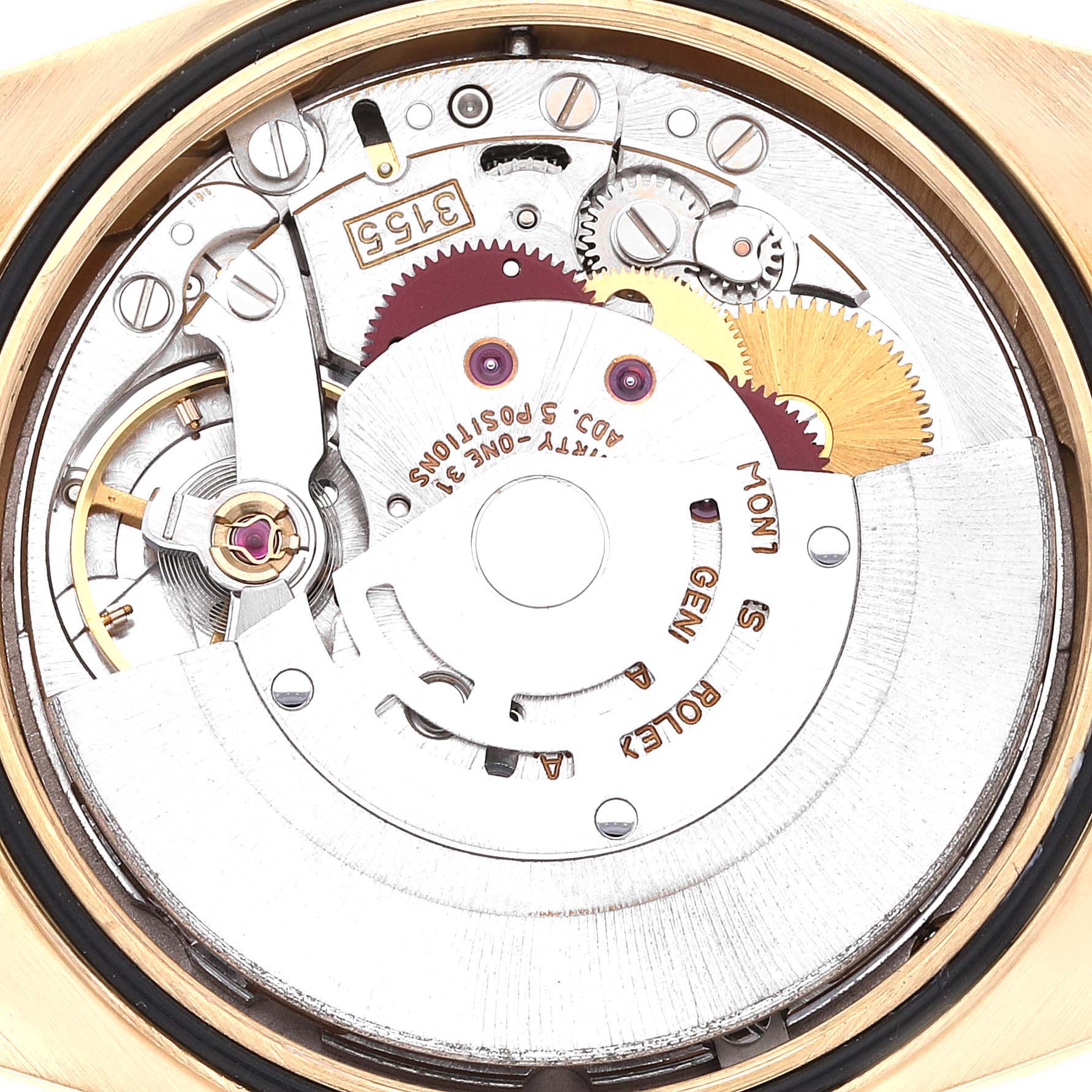 This image shows the internal mechanism and movement of a Rolex President 18308 Men's Yellow Gold Champagne Dial 18308 Men's Yellow Gold Champagne Dial model watch from a top-down angle.