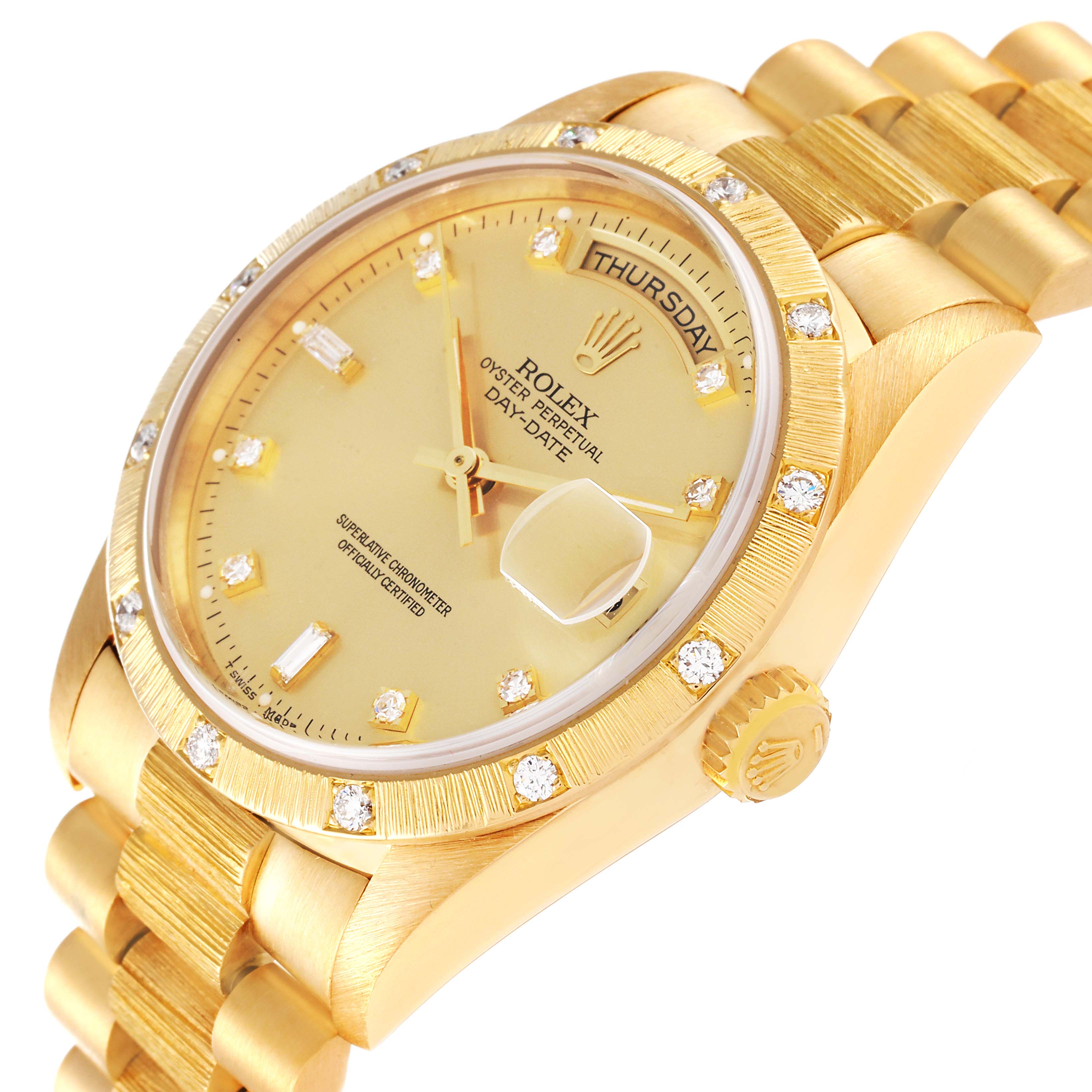 The image shows a close-up angle of a Rolex President 18308 Men's Yellow Gold Champagne Dial 18308 Men's Yellow Gold Champagne Dial model watch, highlighting the gold dial, diamond indices, bezel, and part of the bracelet.