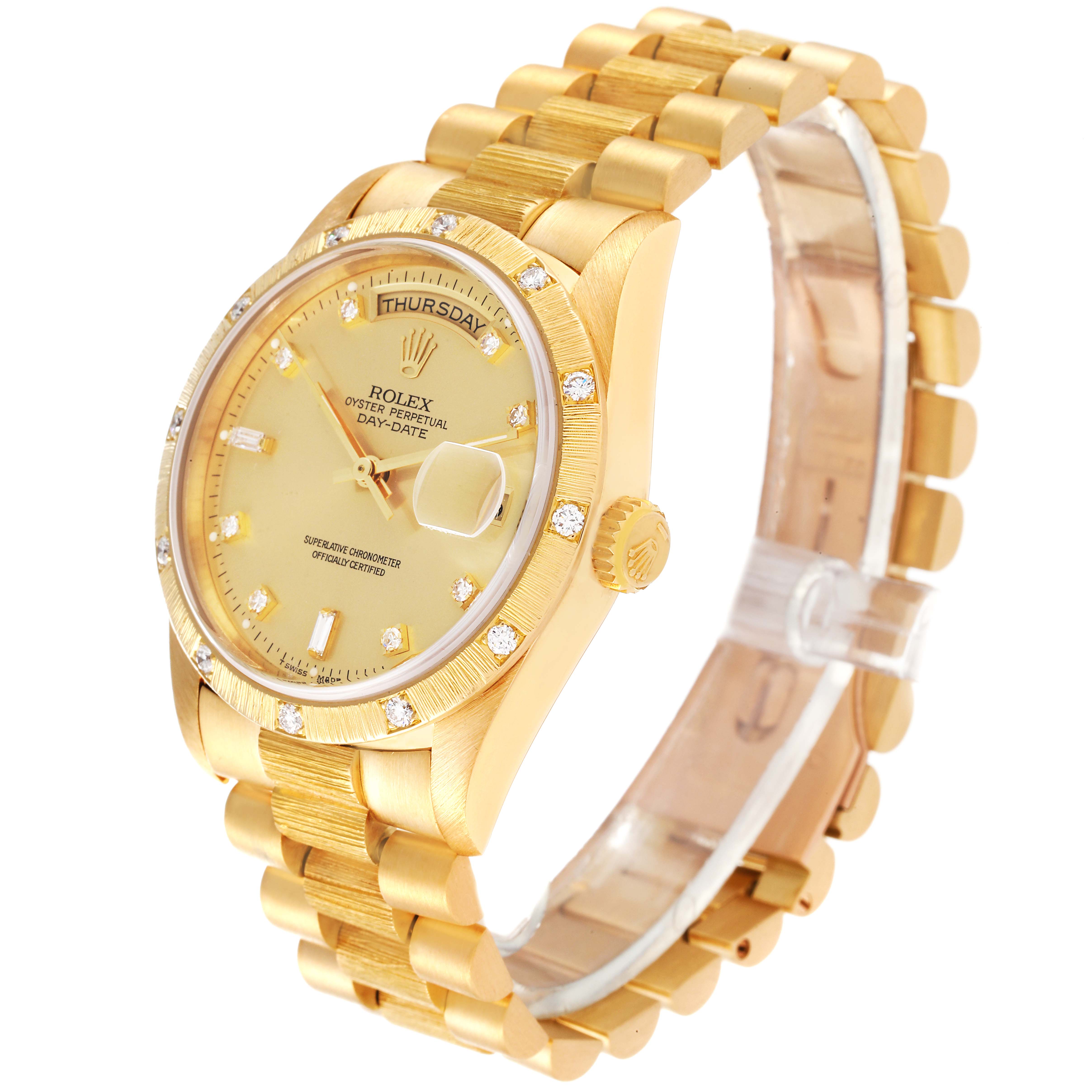 The image shows a Rolex President 18308 Men's Yellow Gold Champagne Dial 18308 Men's Yellow Gold Champagne Dial model watch at a slight angle, highlighting the dial, bezel, case, and bracelet.