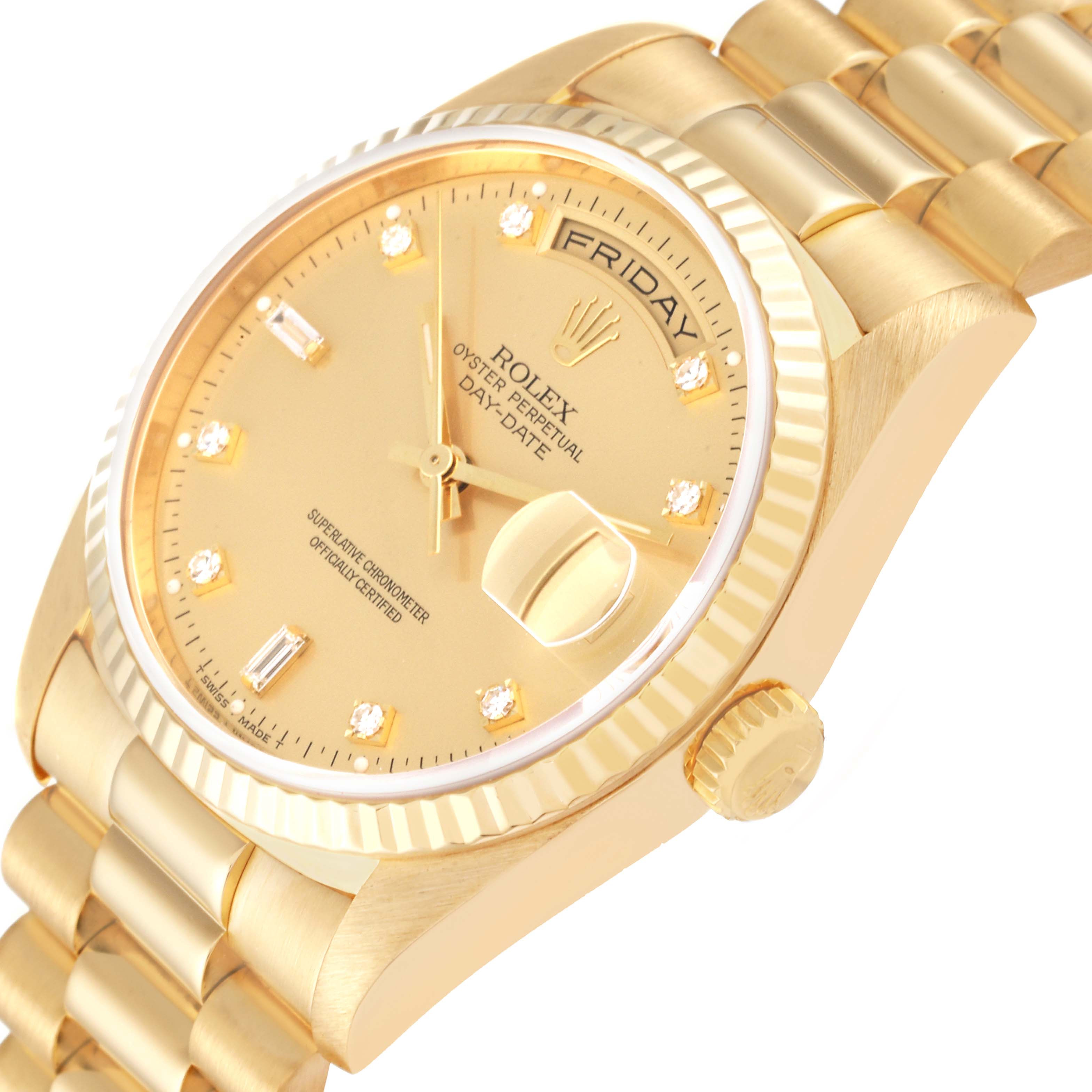 The image shows a close-up of the dial, bezel, crown, and part of the bracelet of a Rolex President 18238 Men
s Yellow Gold Champagne Dial 18238 Men
s Yellow Gold Champagne Dial model watch.
