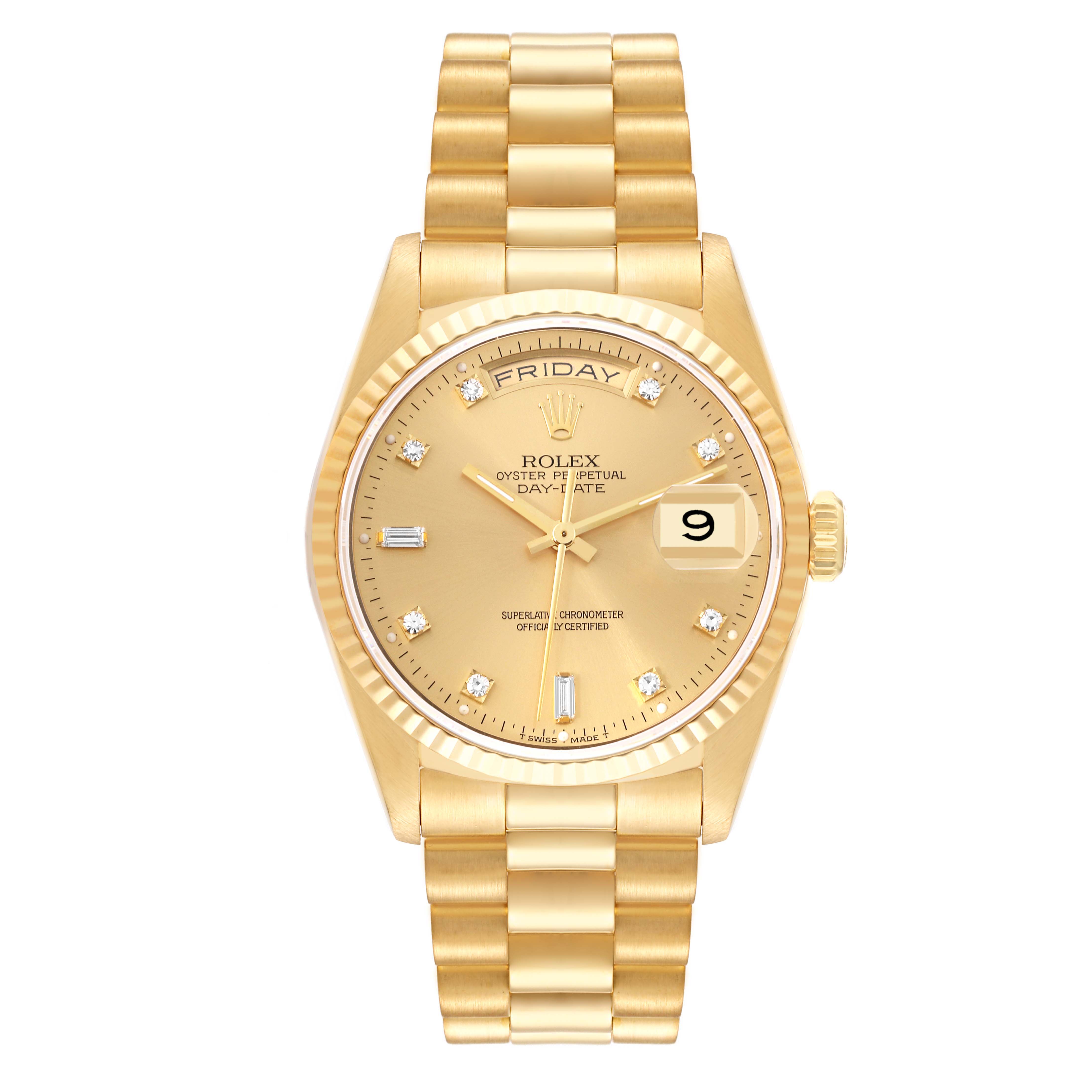 The image shows a Rolex President 18238 Men
s Yellow Gold Champagne Dial 18238 Men
s Yellow Gold Champagne Dial model watch from a front angle, highlighting its dial, bracelet, and markers.