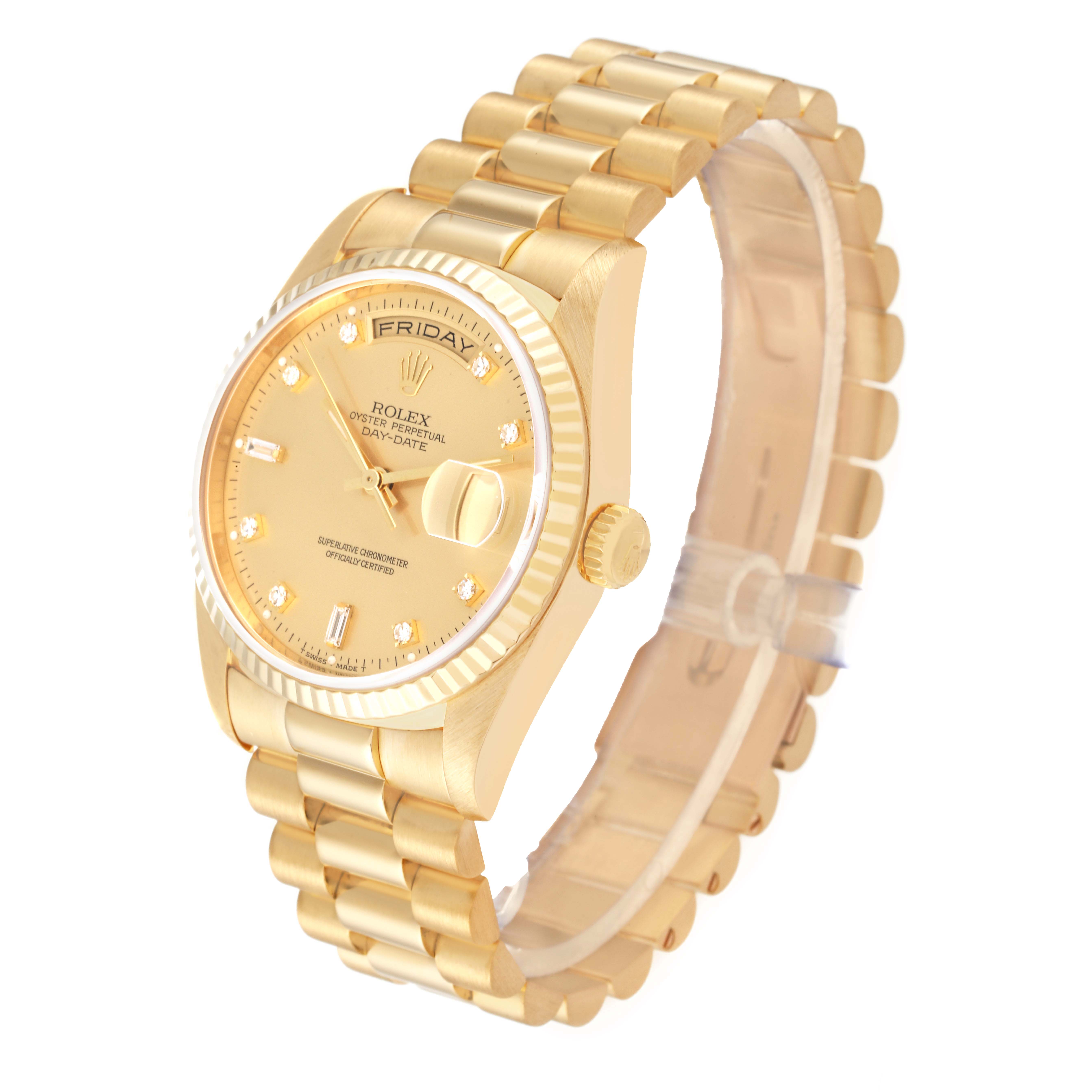 The Rolex President 18238 Men
s Yellow Gold Champagne Dial 18238 Men
s Yellow Gold Champagne Dial model watch is shown at a slight angle displaying the face, crown, and bracelet.