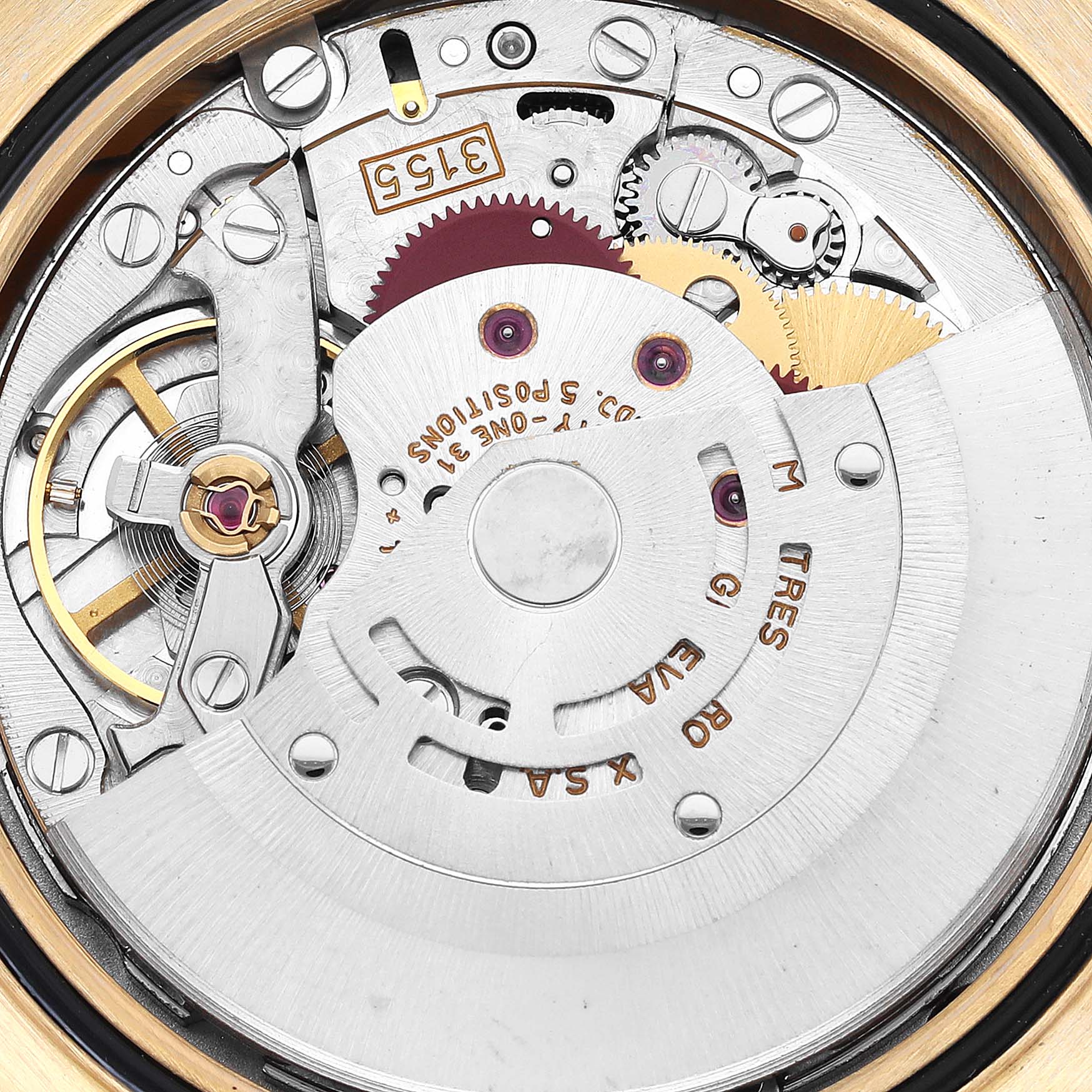 This image shows a close-up view of the movement mechanism of a Rolex President 18238 Men
s Yellow Gold Champagne Dial 18238 Men
s Yellow Gold Champagne Dial model watch.