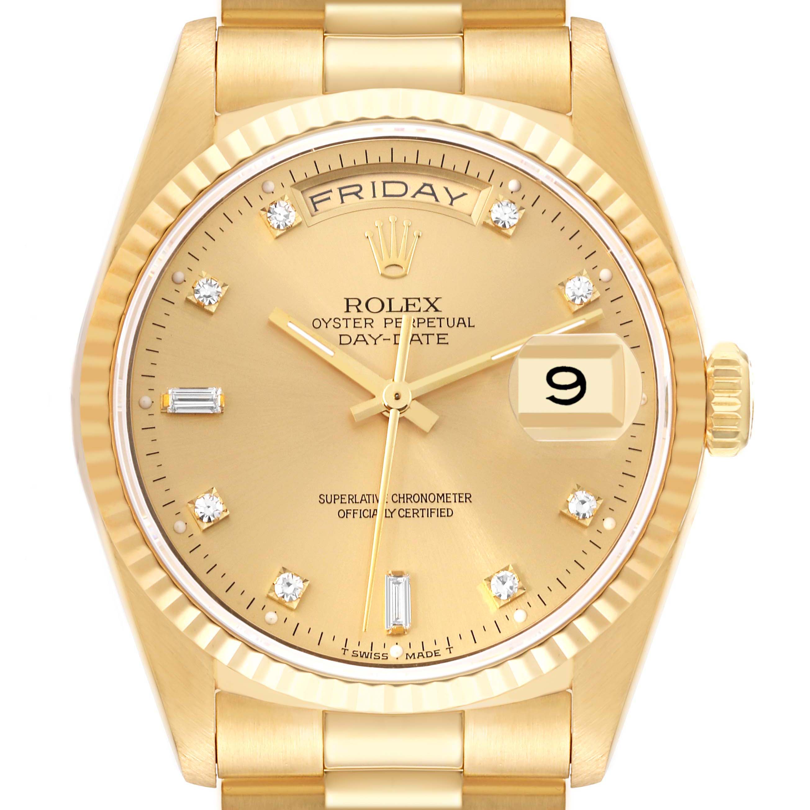 The image shows a front view of the Rolex President 18238 Men
s Yellow Gold Champagne Dial 18238 Men
s Yellow Gold Champagne Dial model watch, highlighting the dial, day and date indicators, and part of the bracelet.