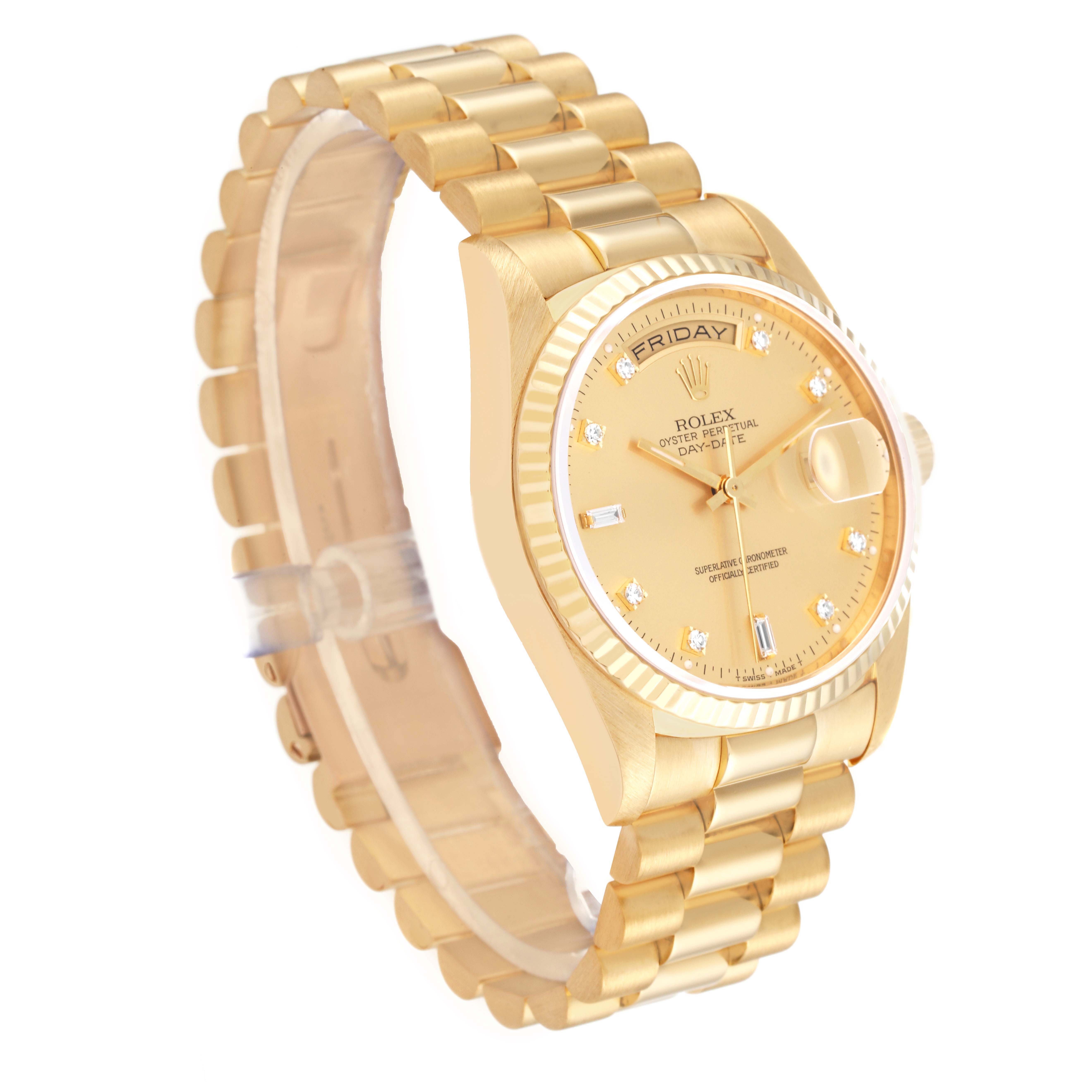 The image shows a gold Rolex President 18238 Men
s Yellow Gold Champagne Dial 18238 Men
s Yellow Gold Champagne Dial model watch at a three-quarter angle, highlighting the dial, bezel, and bracelet.