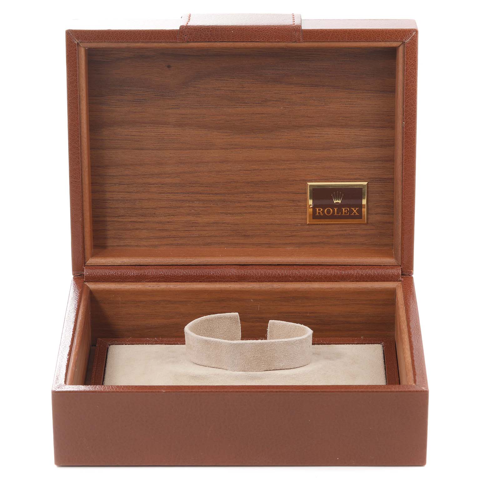 This image shows an open wooden box with a Rolex logo, likely a watch case for the Rolex President 18238 Men
s Yellow Gold Champagne Dial 18238 Men
s Yellow Gold Champagne Dial model.