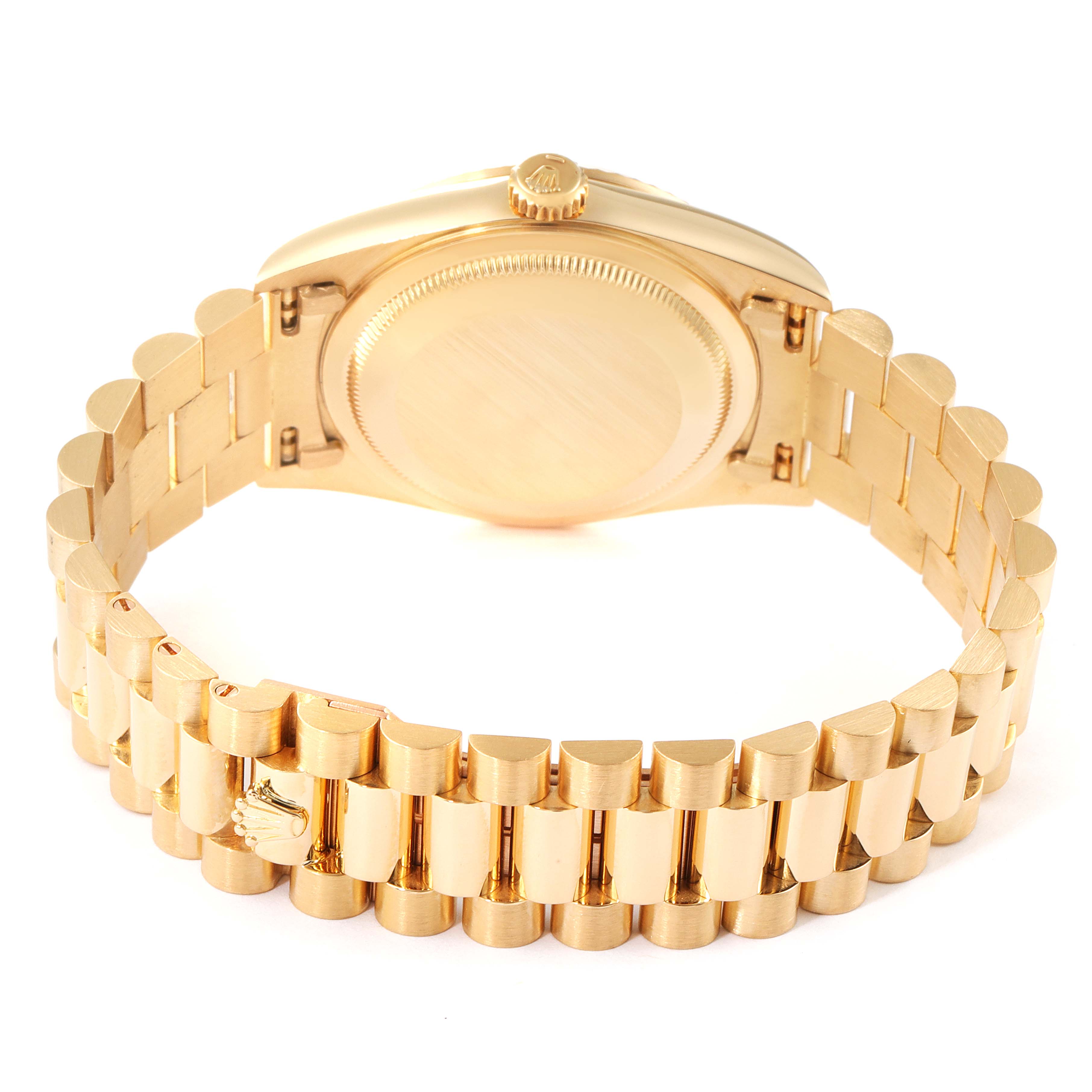 This image shows the back and bracelet of a Rolex President 18238 Men
s Yellow Gold Champagne Dial 18238 Men
s Yellow Gold Champagne Dial model watch in a golden finish.