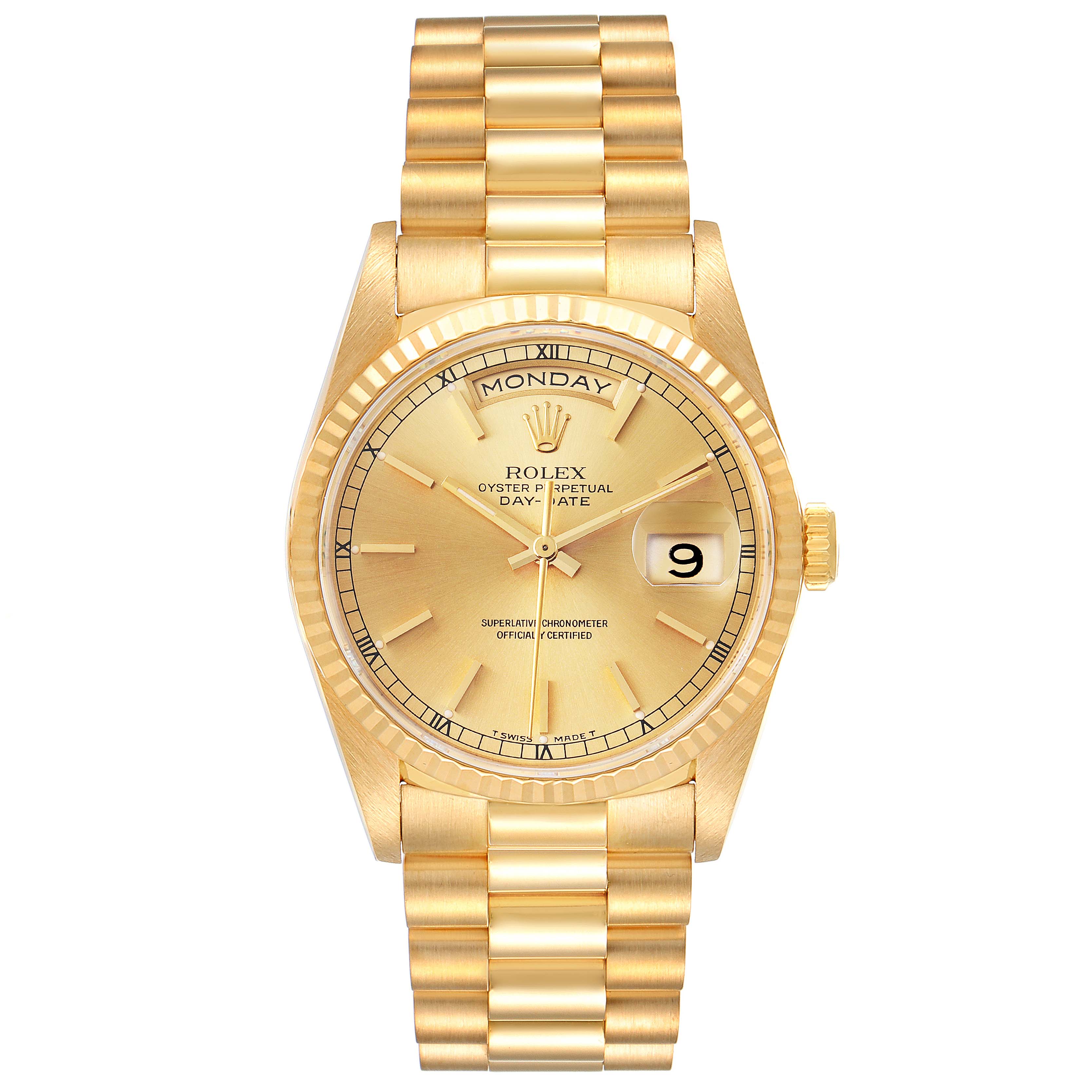 The image shows a Rolex President 18238 Men
s Yellow Gold Champagne Dial 18238 Men
s Yellow Gold Champagne Dial model watch from a straight-on angle, highlighting the gold case, dial, and bracelet.