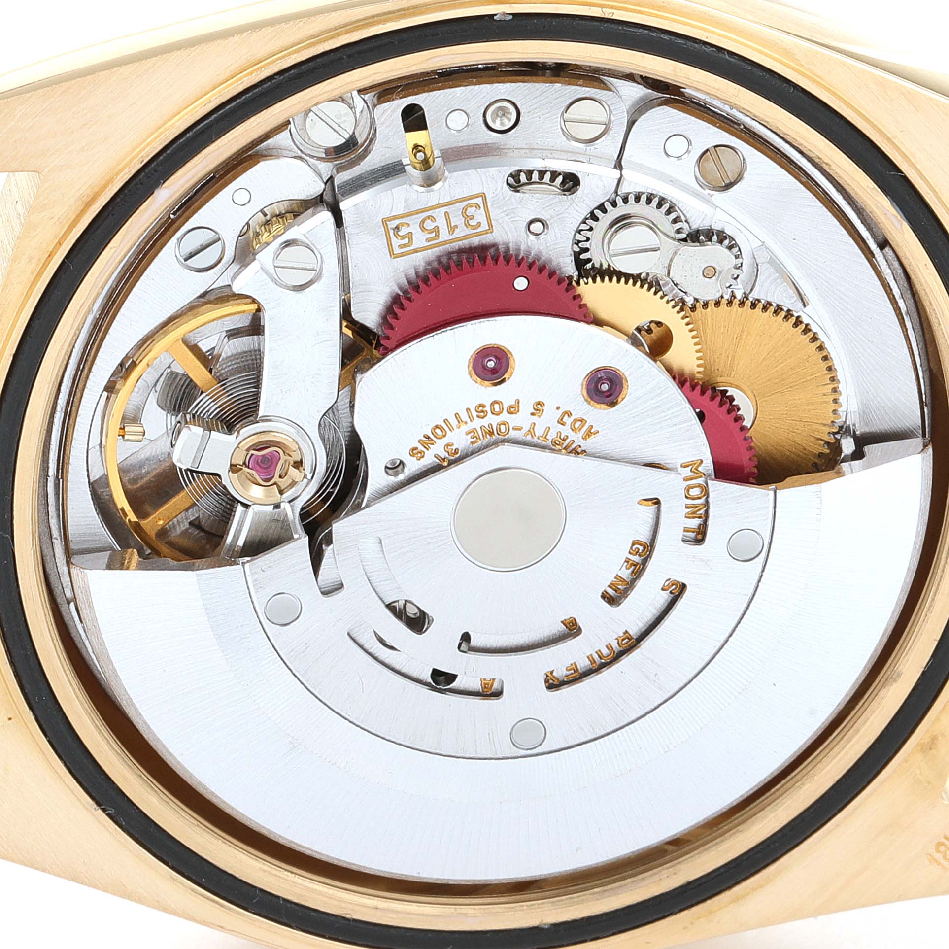 This image shows the intricate inner workings and movement mechanism of a Rolex President 18238 Men
s Yellow Gold Champagne Dial 18238 Men
s Yellow Gold Champagne Dial model watch from a close-up angle.
