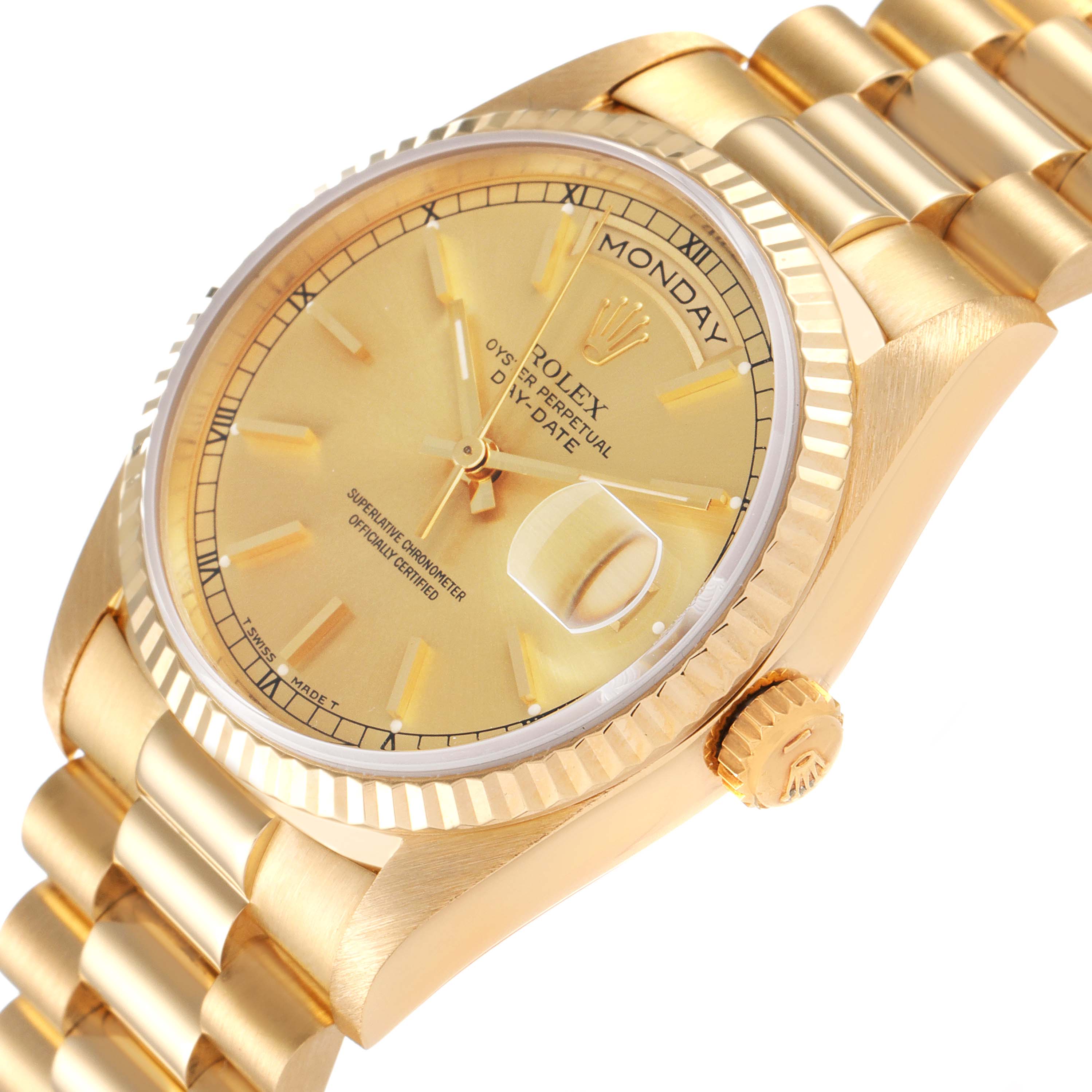 The image shows a close-up angle of a Rolex President 18238 Men
s Yellow Gold Champagne Dial 18238 Men
s Yellow Gold Champagne Dial model watch, featuring part of the bracelet, case, crown, and dial with the day and date displays.