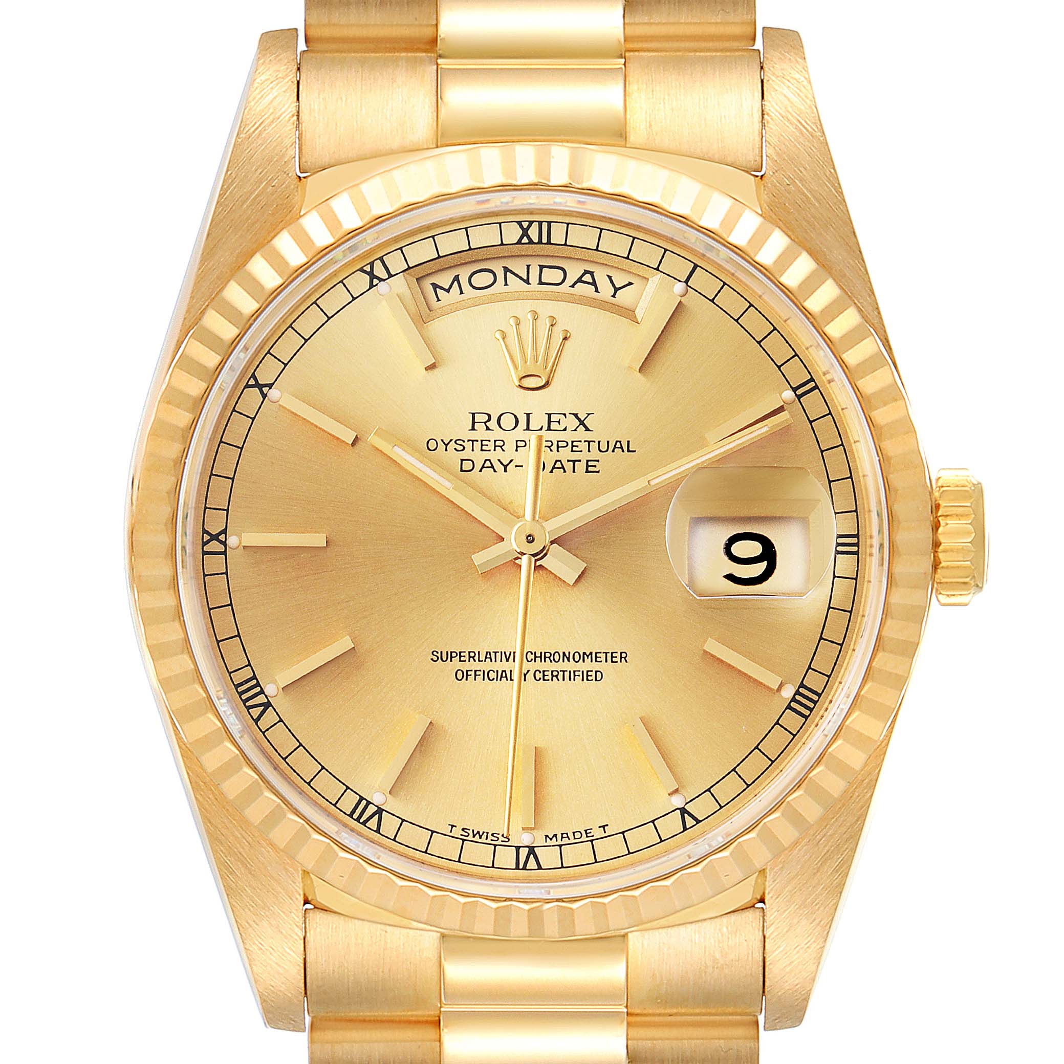The image shows a close-up of the Rolex President 18238 Men
s Yellow Gold Champagne Dial 18238 Men
s Yellow Gold Champagne Dial model, highlighting the dial, bezel, bracelet, and day-date display.