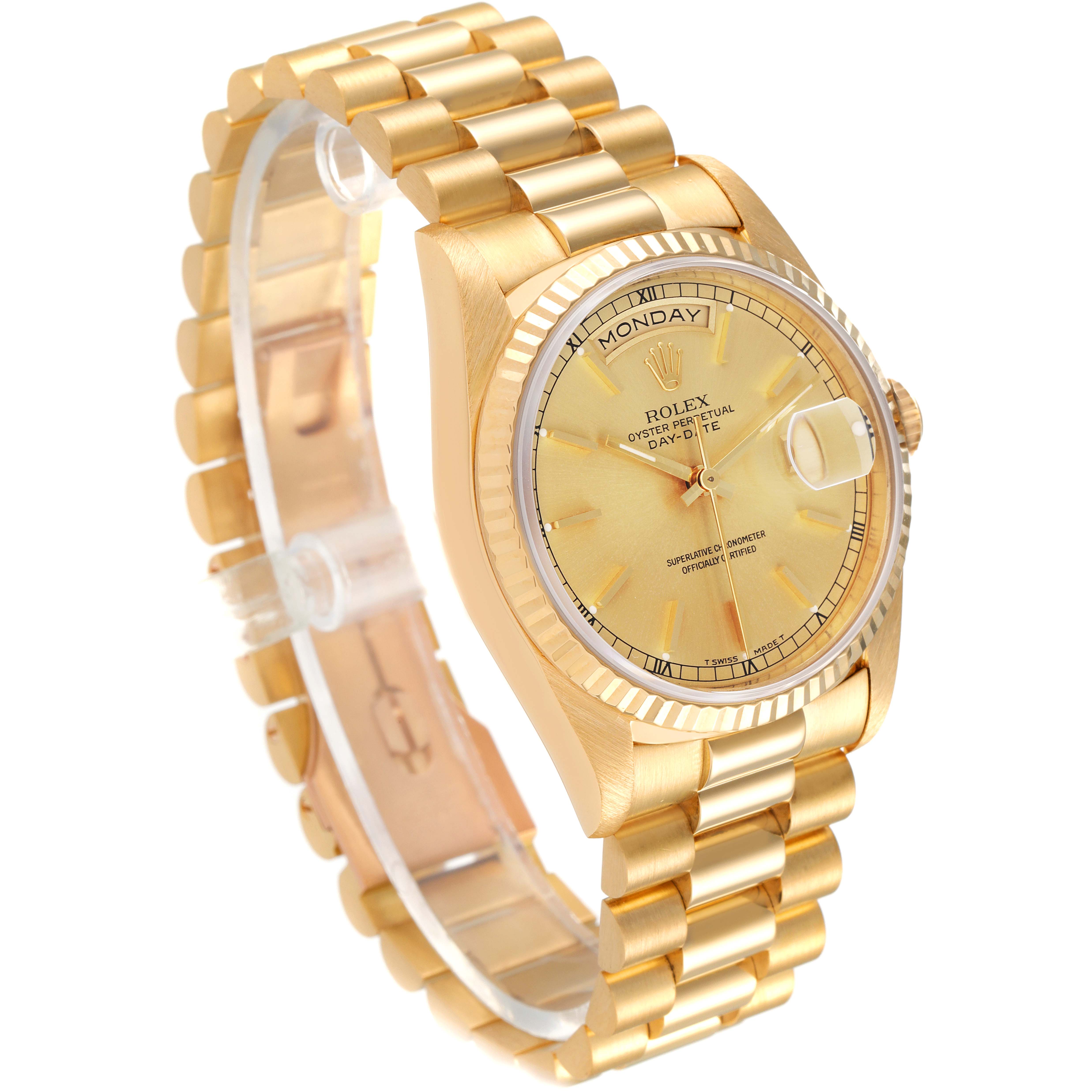 The image shows a Rolex President 18238 Men
s Yellow Gold Champagne Dial 18238 Men
s Yellow Gold Champagne Dial model watch from a three-quarter angle, displaying its gold bracelet, dial, and fluted bezel.