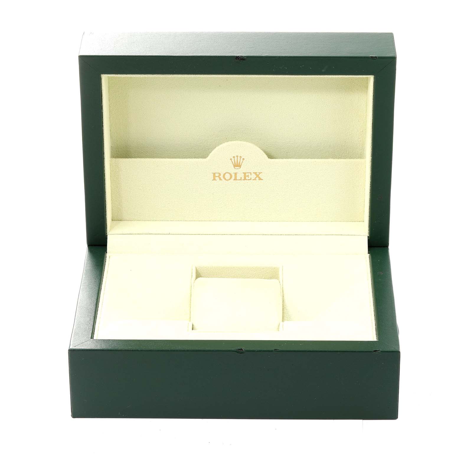 This image shows an open green Rolex watch box for the President model, revealing the interior with a cushion for the watch.