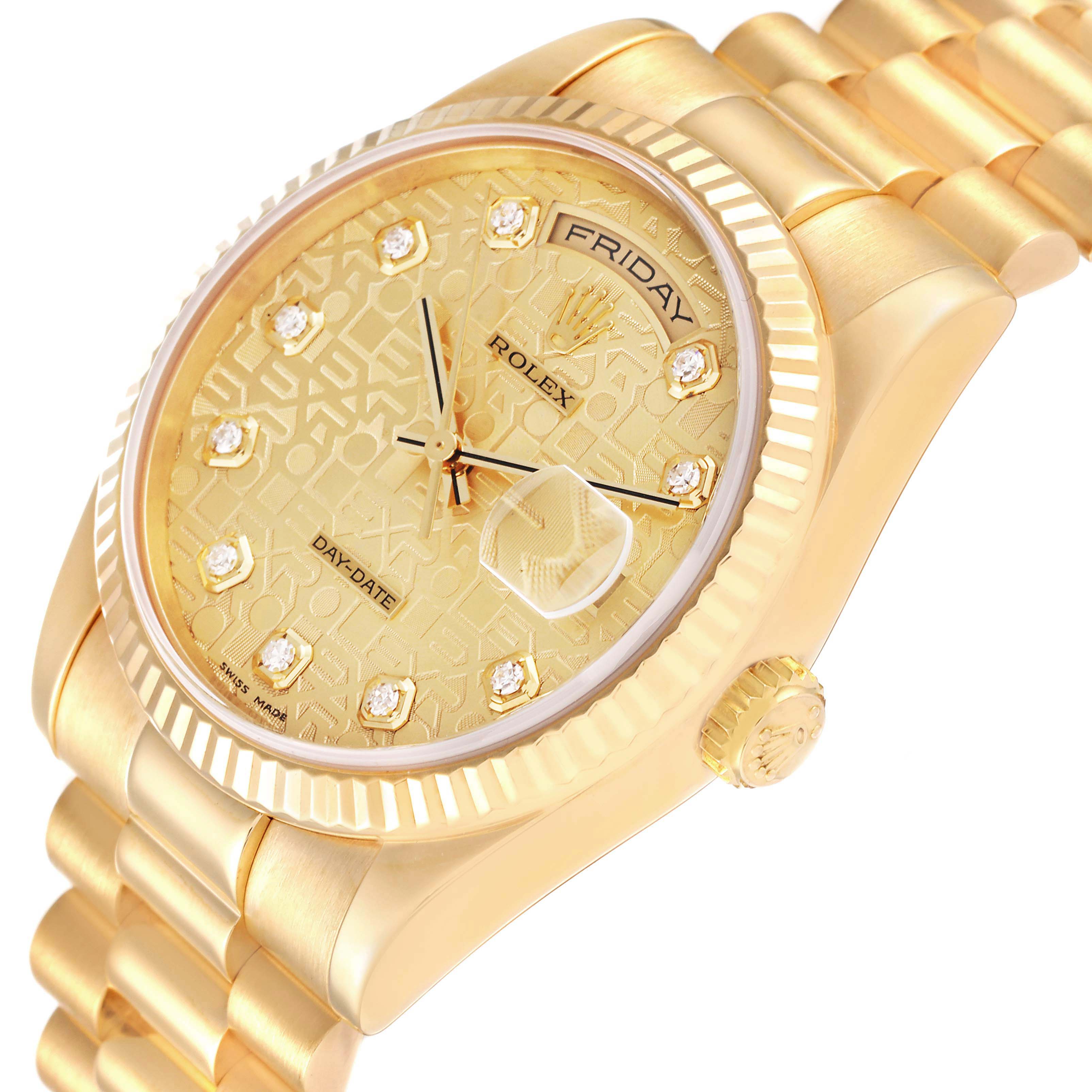 This image shows a close-up of the Rolex President 118238 Men's Yellow Gold Champagne Dial 118238 Men's Yellow Gold Champagne Dial model watch, highlighting the dial, bezel, and part of the bracelet.
