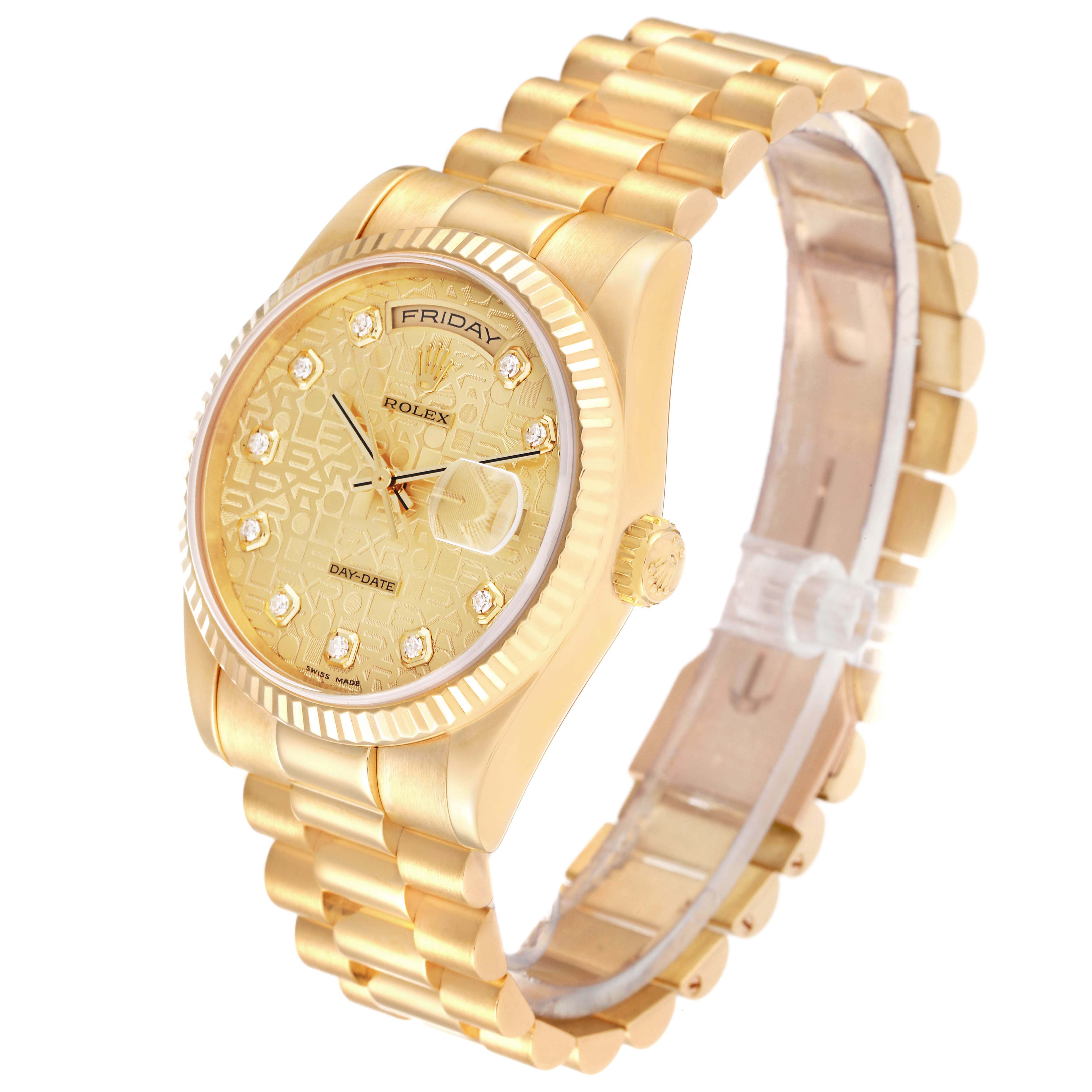 The image shows a Rolex President 118238 Men's Yellow Gold Champagne Dial 118238 Men's Yellow Gold Champagne Dial model watch, angled to display its gold face, dial, fluted bezel, and gold bracelet.