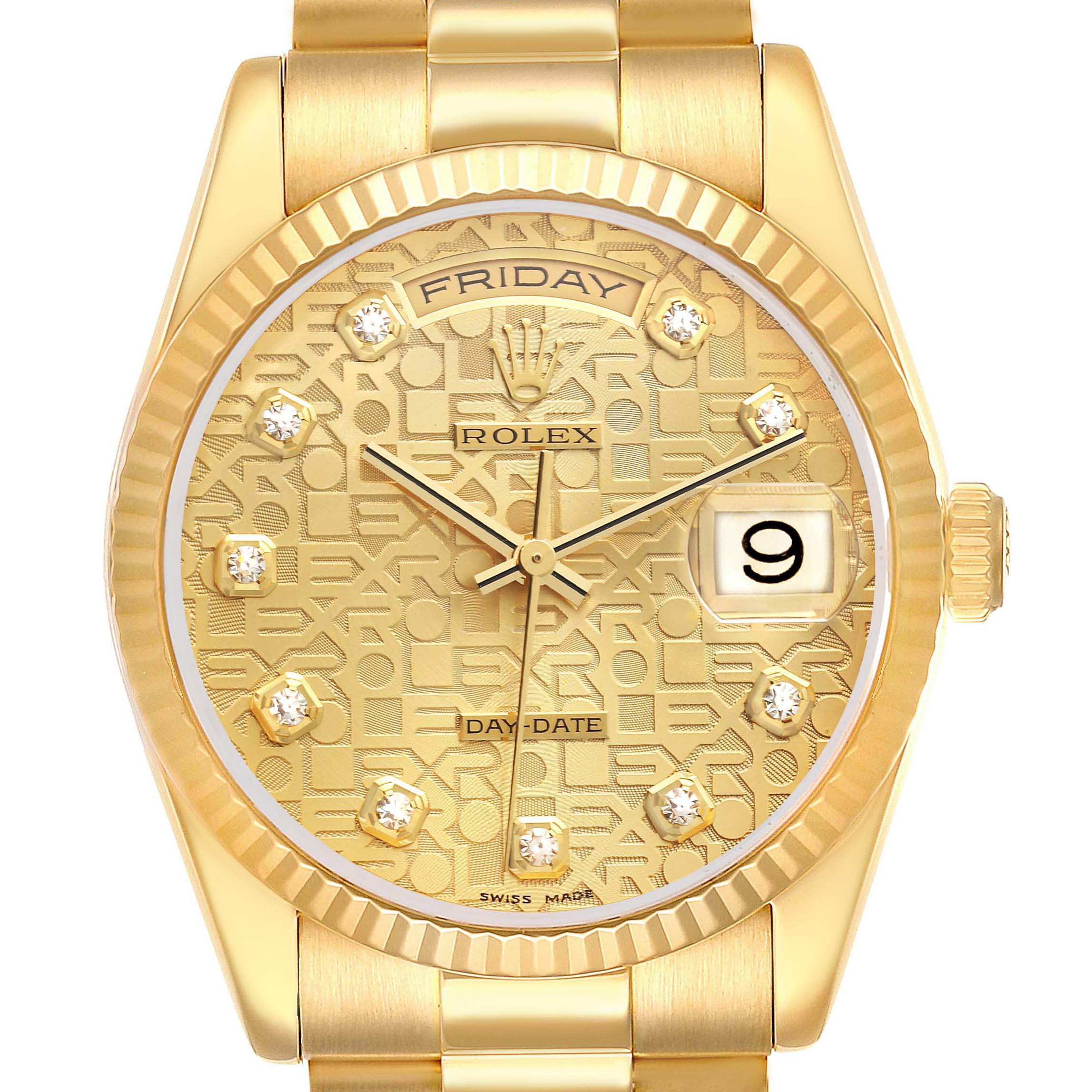 This is a front view of the Rolex President 118238 Men's Yellow Gold Champagne Dial 118238 Men's Yellow Gold Champagne Dial model showing the dial, hands, crown, and bracelet.