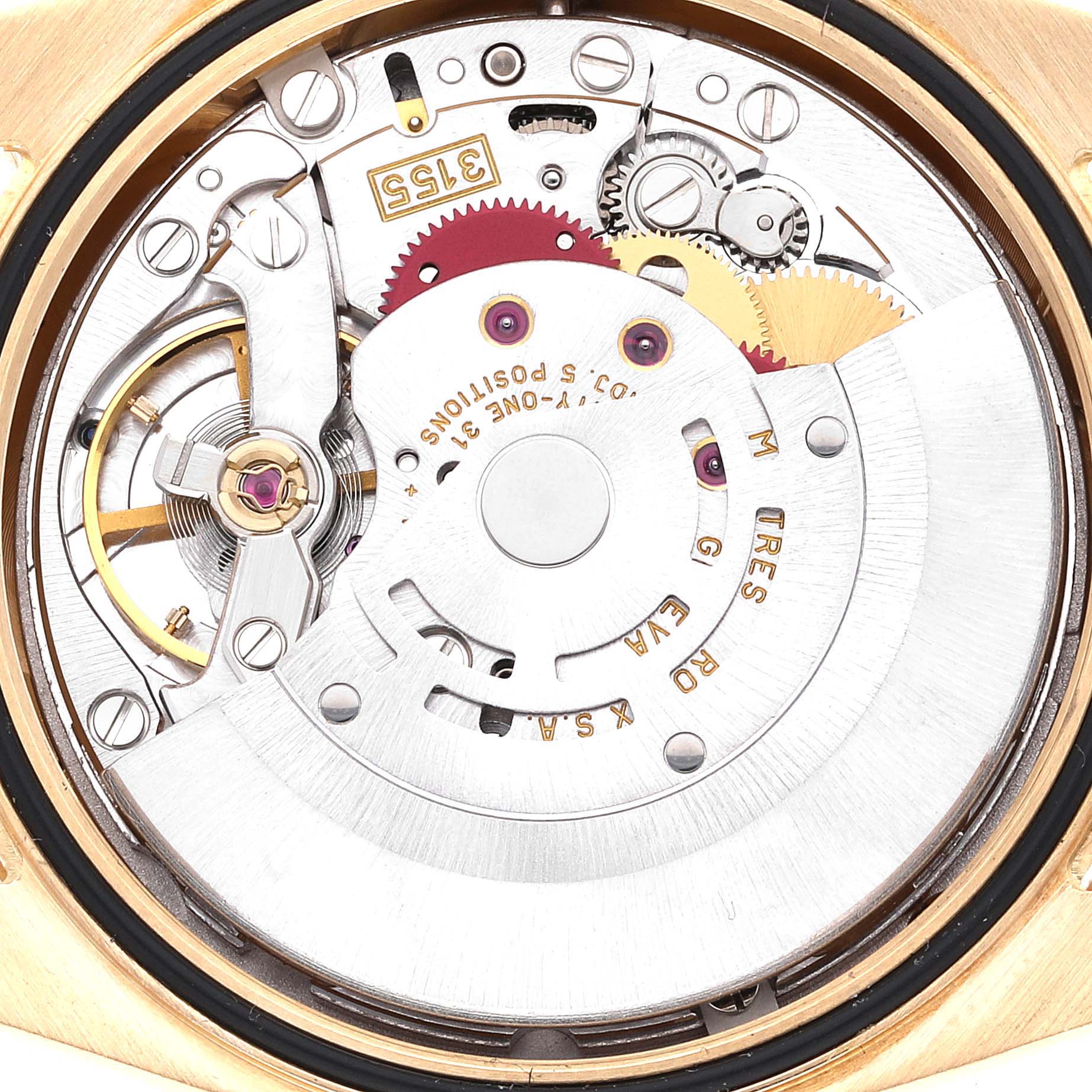 This image shows the internal mechanism of a Rolex President 118238 Men's Yellow Gold Champagne Dial 118238 Men's Yellow Gold Champagne Dial model watch from a close-up, angled from the back.