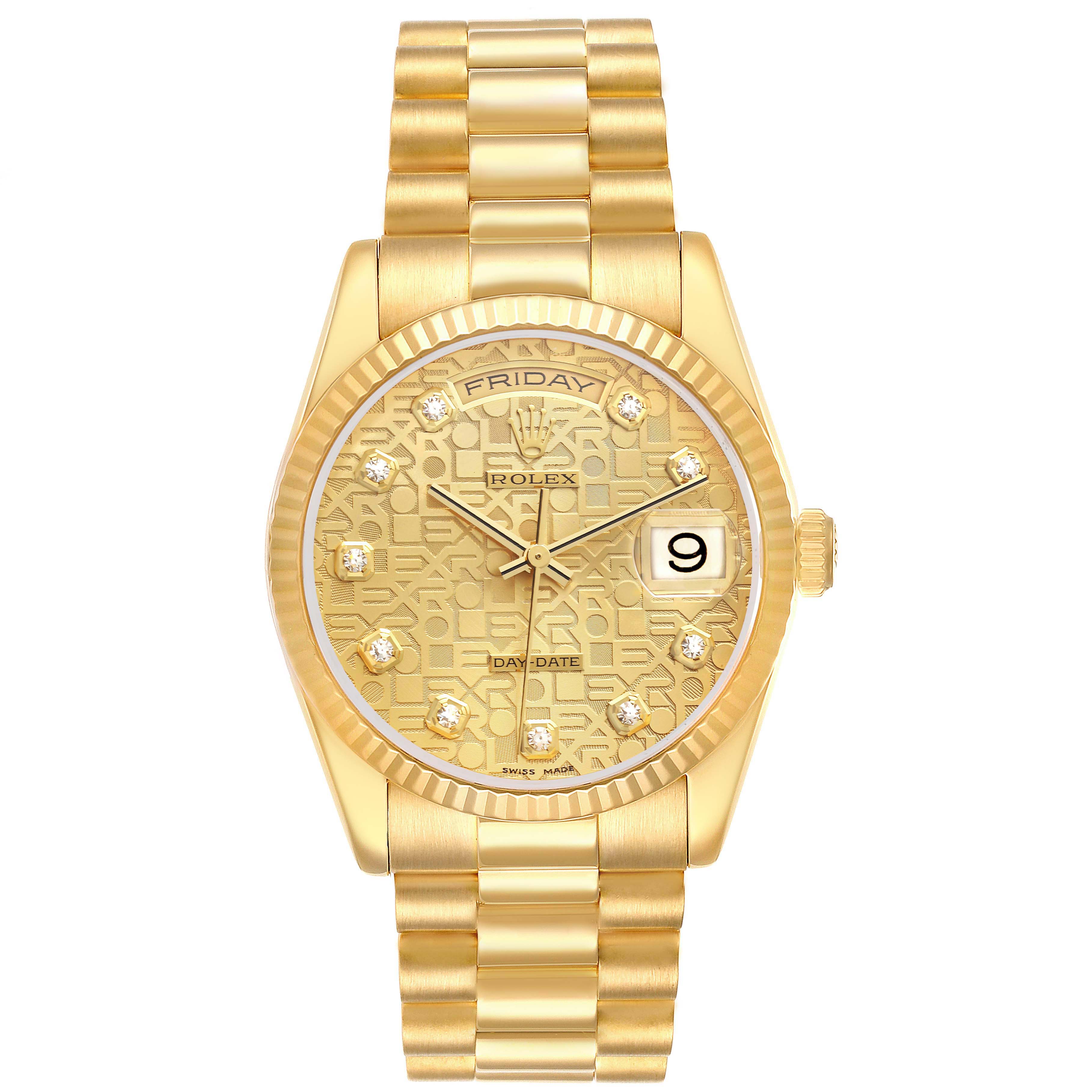 This image shows a front view of the Rolex President 118238 Men's Yellow Gold Champagne Dial 118238 Men's Yellow Gold Champagne Dial model watch, highlighting its gold bracelet, fluted bezel, and dial with day and date displays.