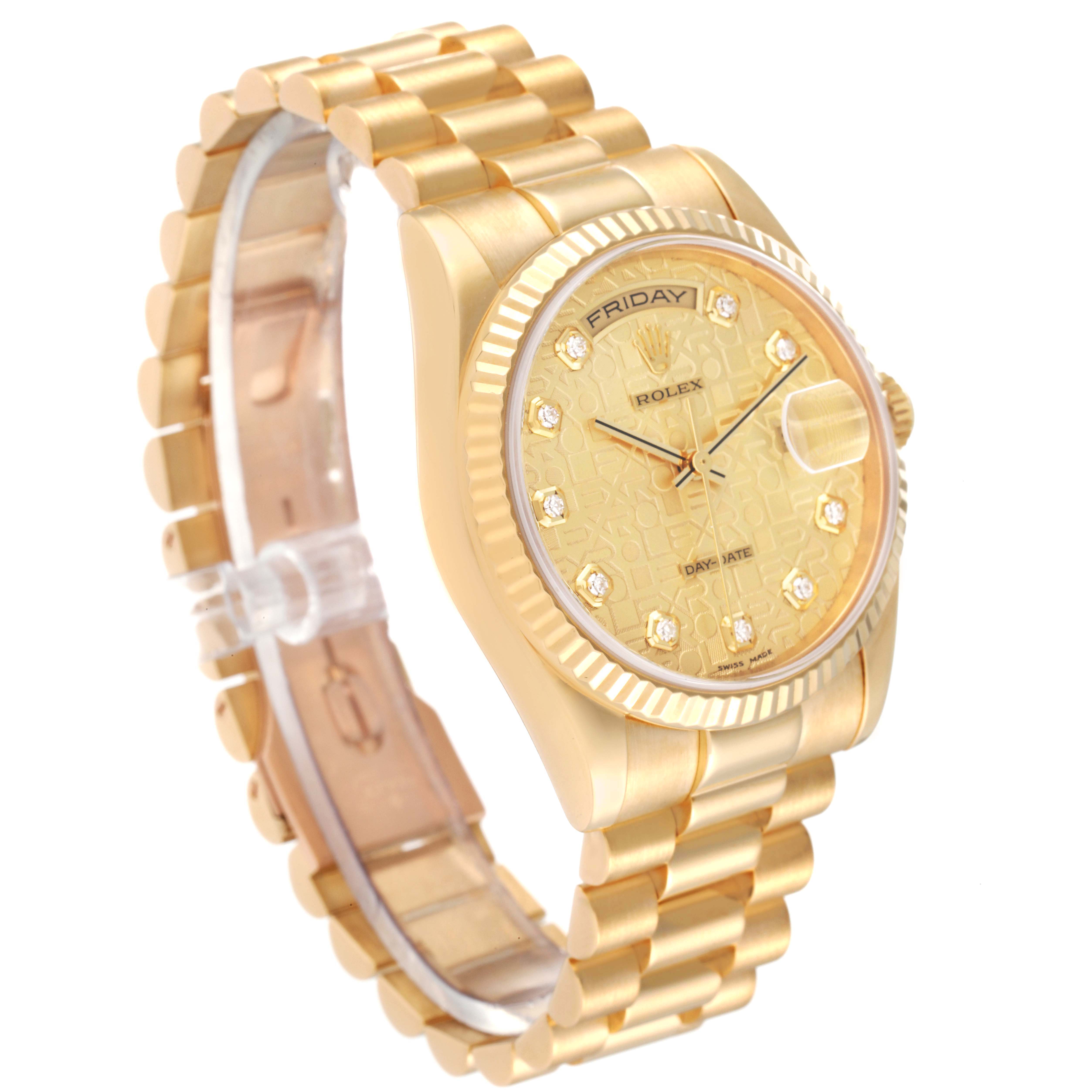 The image shows a Rolex President 118238 Men's Yellow Gold Champagne Dial 118238 Men's Yellow Gold Champagne Dial model watch at a slight angle, highlighting its gold bracelet, bezel, and dial with diamond markers.