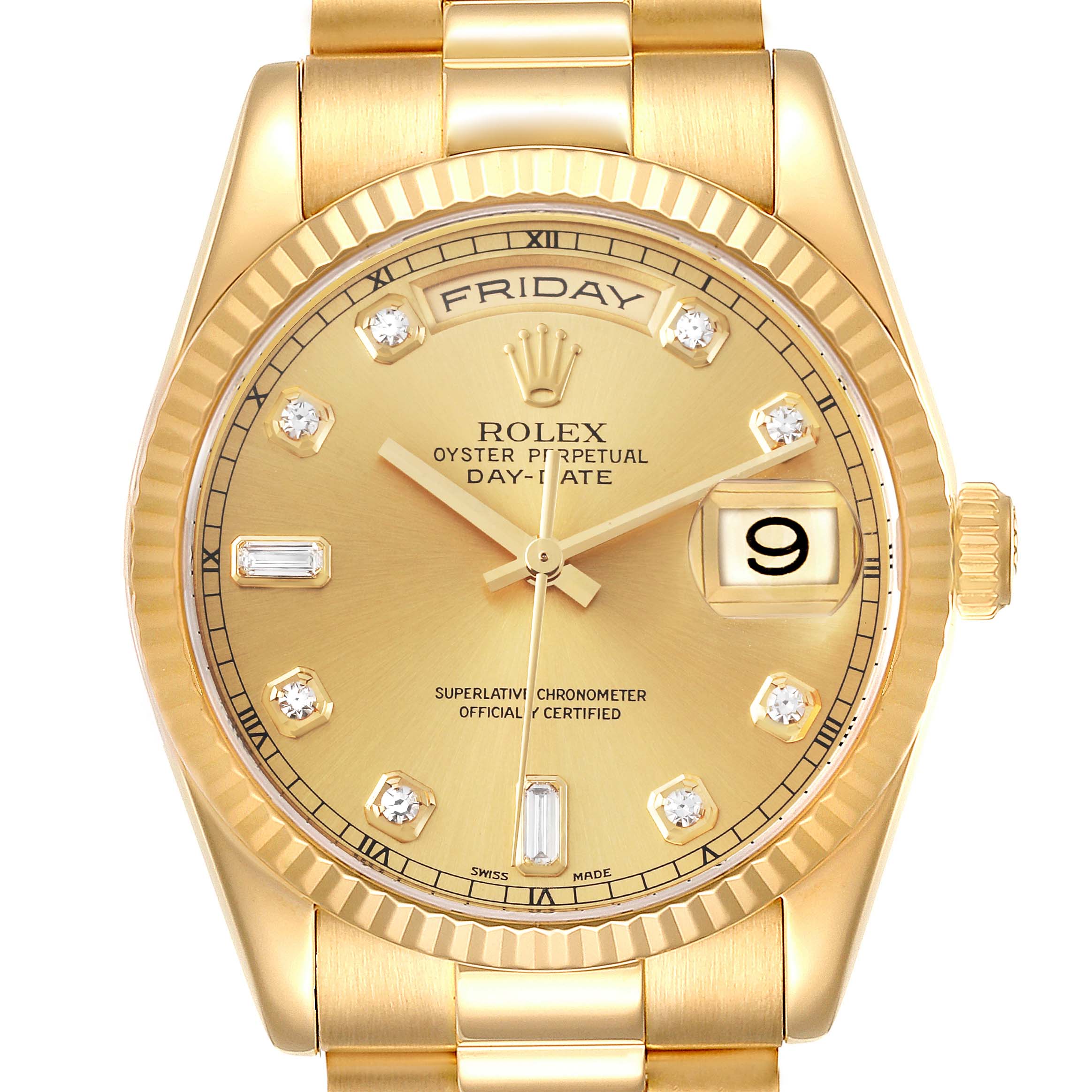 The image shows a Rolex President 118238 Men's Yellow Gold Champagne Dial 118238 Men's Yellow Gold Champagne Dial model watch front view, highlighting the dial, day-date display, and bracelet.