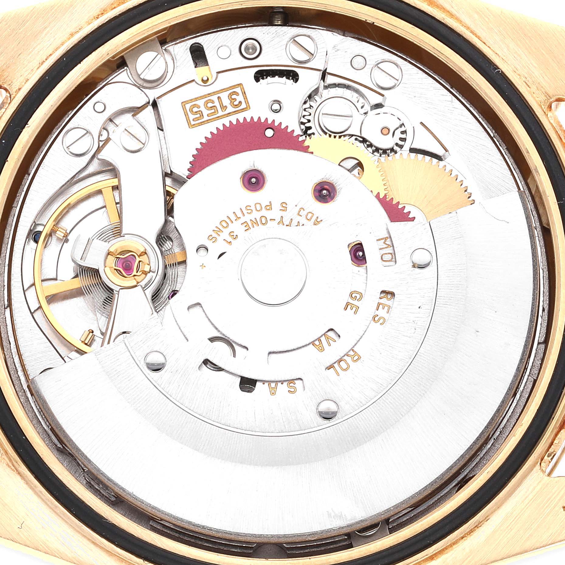 This image shows the movement mechanism of a Rolex President 118238 Men's Yellow Gold Champagne Dial 118238 Men's Yellow Gold Champagne Dial model watch from a close-up, rear angle.