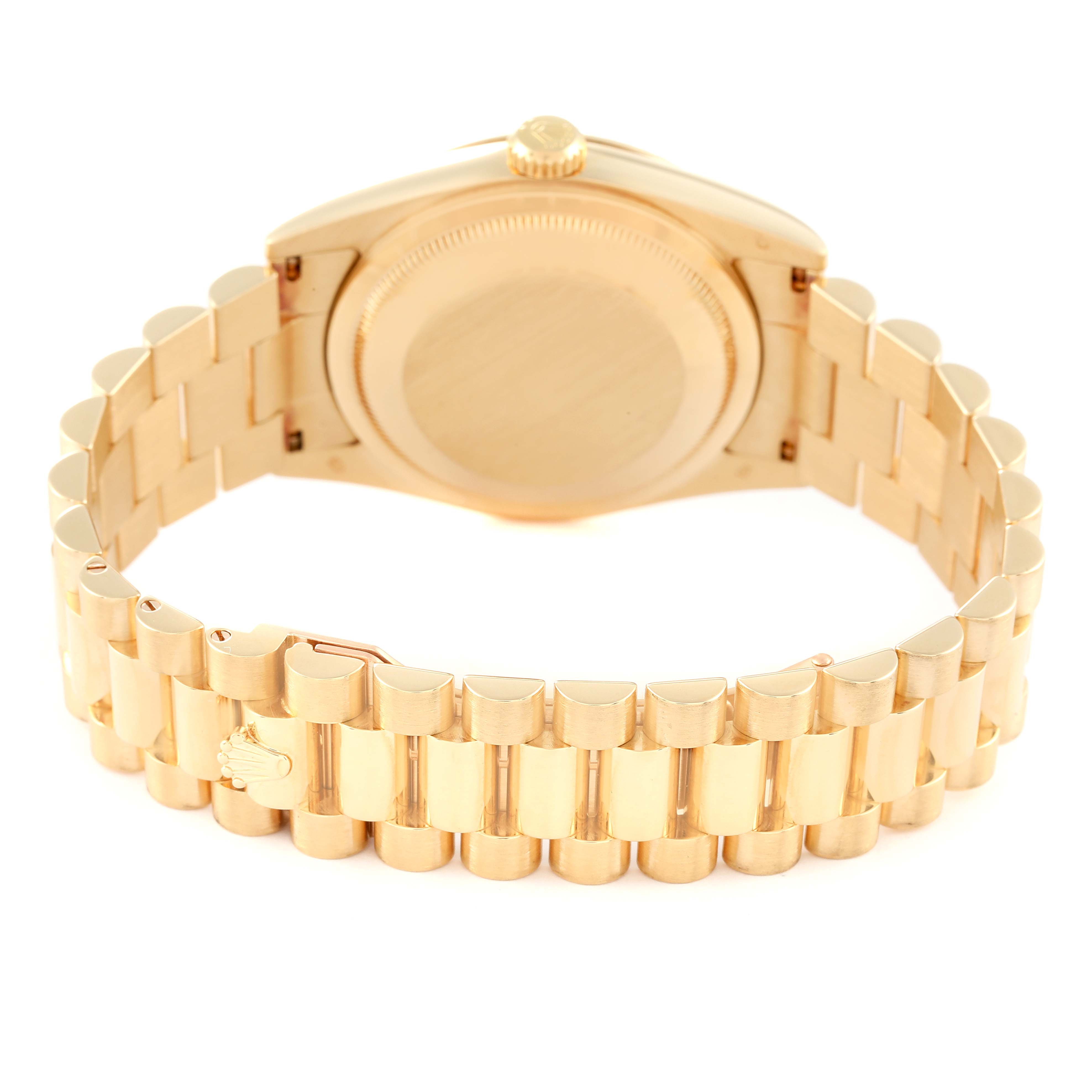 The image shows the back view and bracelet of a Rolex President 118238 Men's Yellow Gold Champagne Dial 118238 Men's Yellow Gold Champagne Dial model watch.