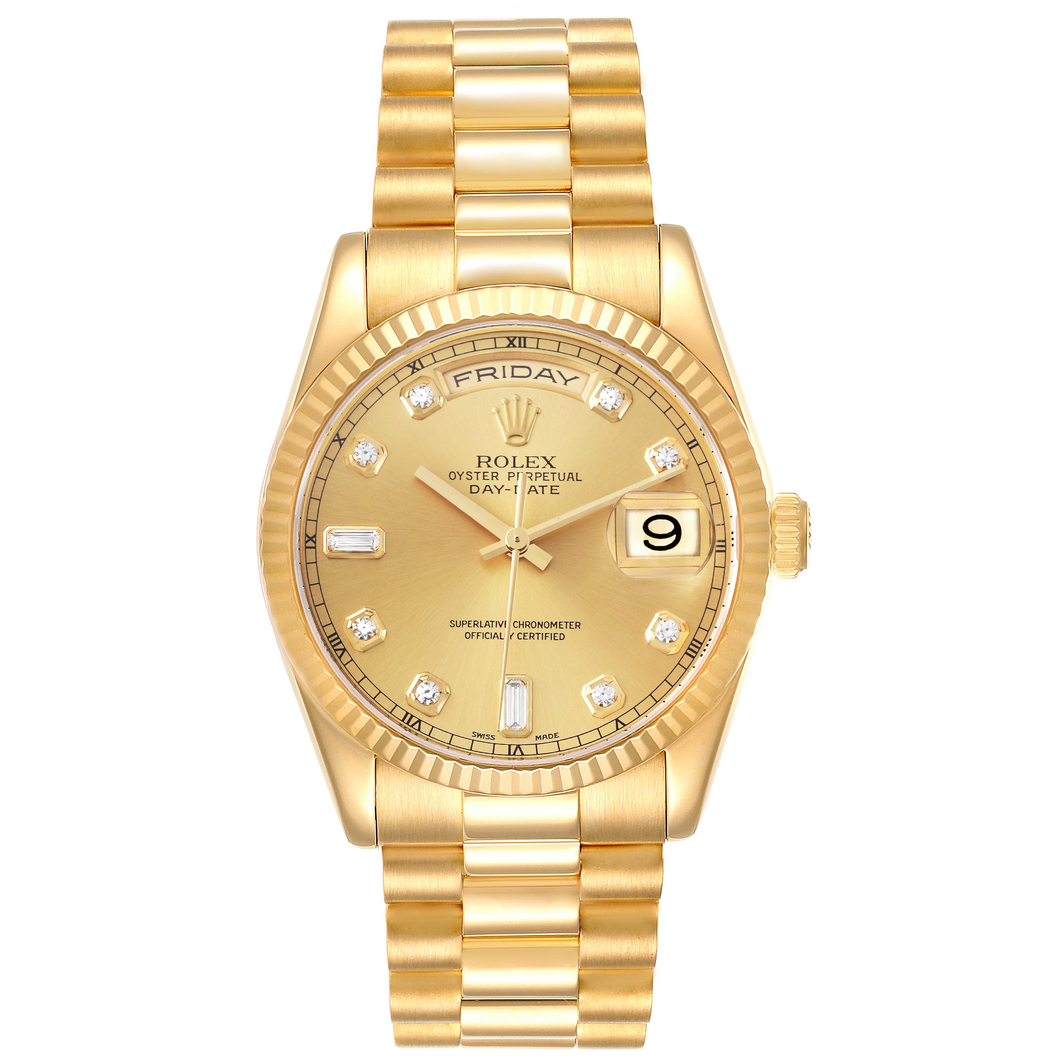 This Rolex President 118238 Men's Yellow Gold Champagne Dial 118238 Men's Yellow Gold Champagne Dial model watch is shown from the front, displaying its gold dial, fluted bezel, and bracelet.