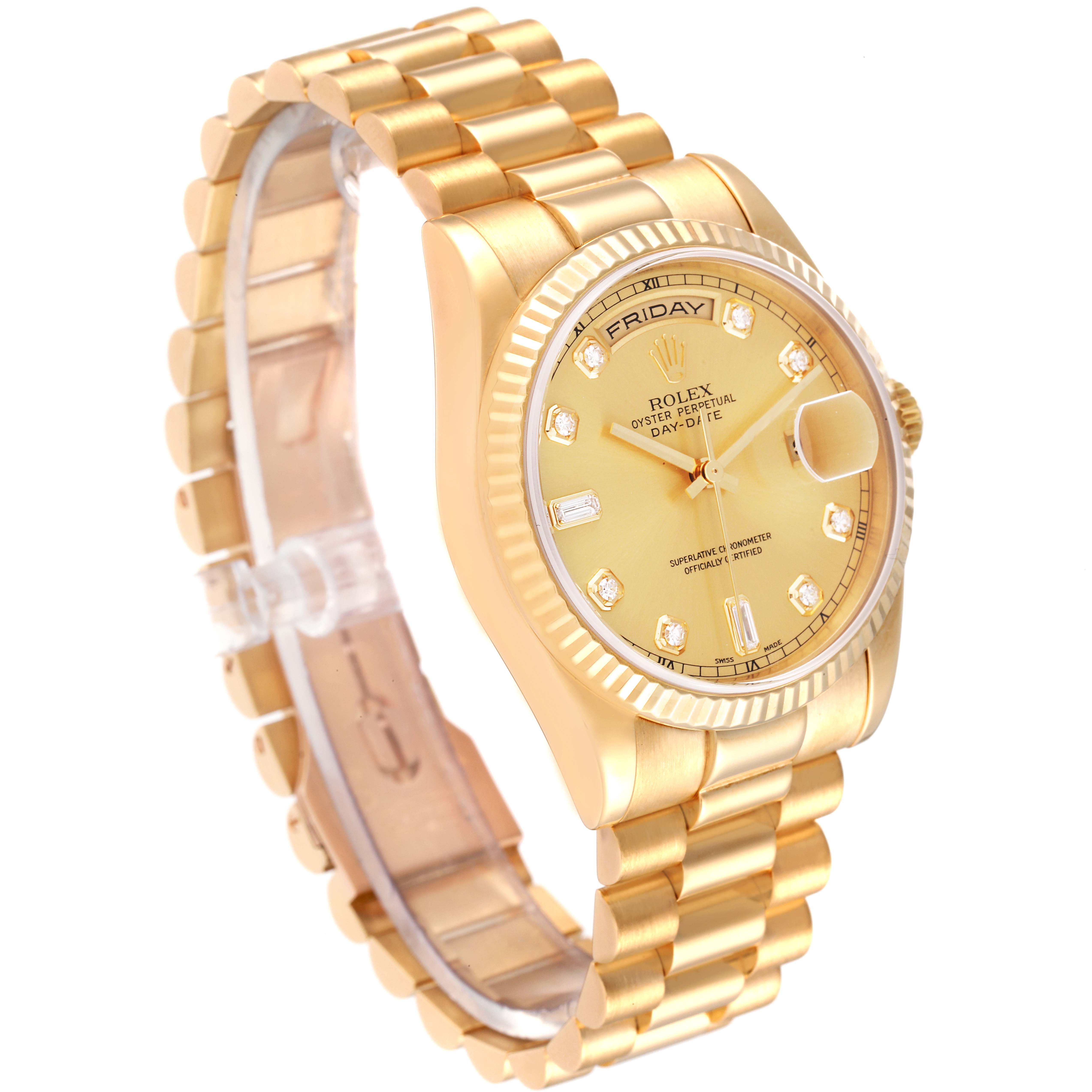 The Rolex President 118238 Men's Yellow Gold Champagne Dial 118238 Men's Yellow Gold Champagne Dial watch is shown at a slight side angle, displaying the gold band, bezel, and face clearly.