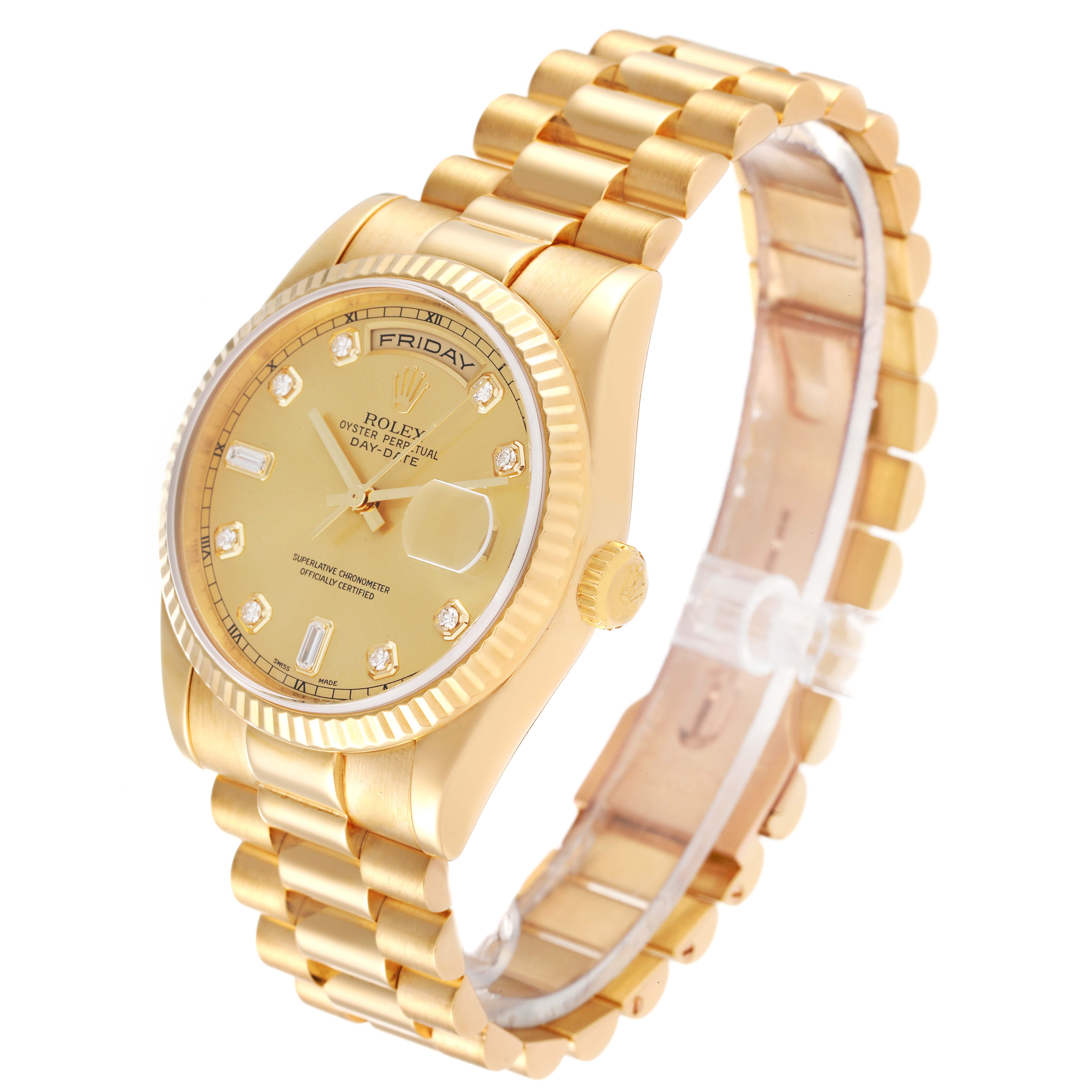 The image shows a slightly angled side view of the Rolex President 118238 Men's Yellow Gold Champagne Dial 118238 Men's Yellow Gold Champagne Dial model watch, highlighting its yellow gold case and bracelet.