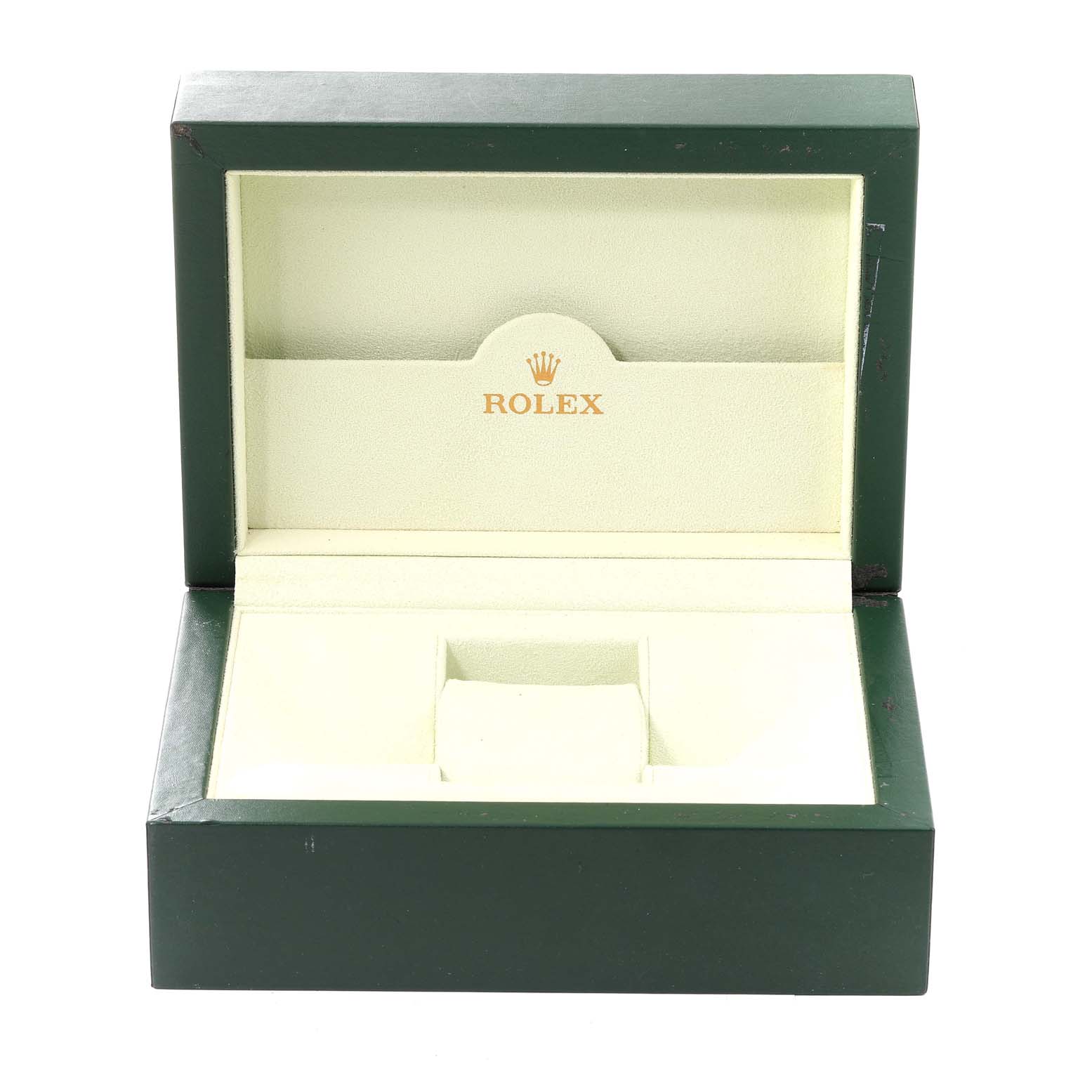 This is a frontal view of an empty Rolex President 118238 Men's Yellow Gold Champagne Dial 118238 Men's Yellow Gold Champagne Dial model watch box, showing its green exterior and beige interior with the Rolex logo.