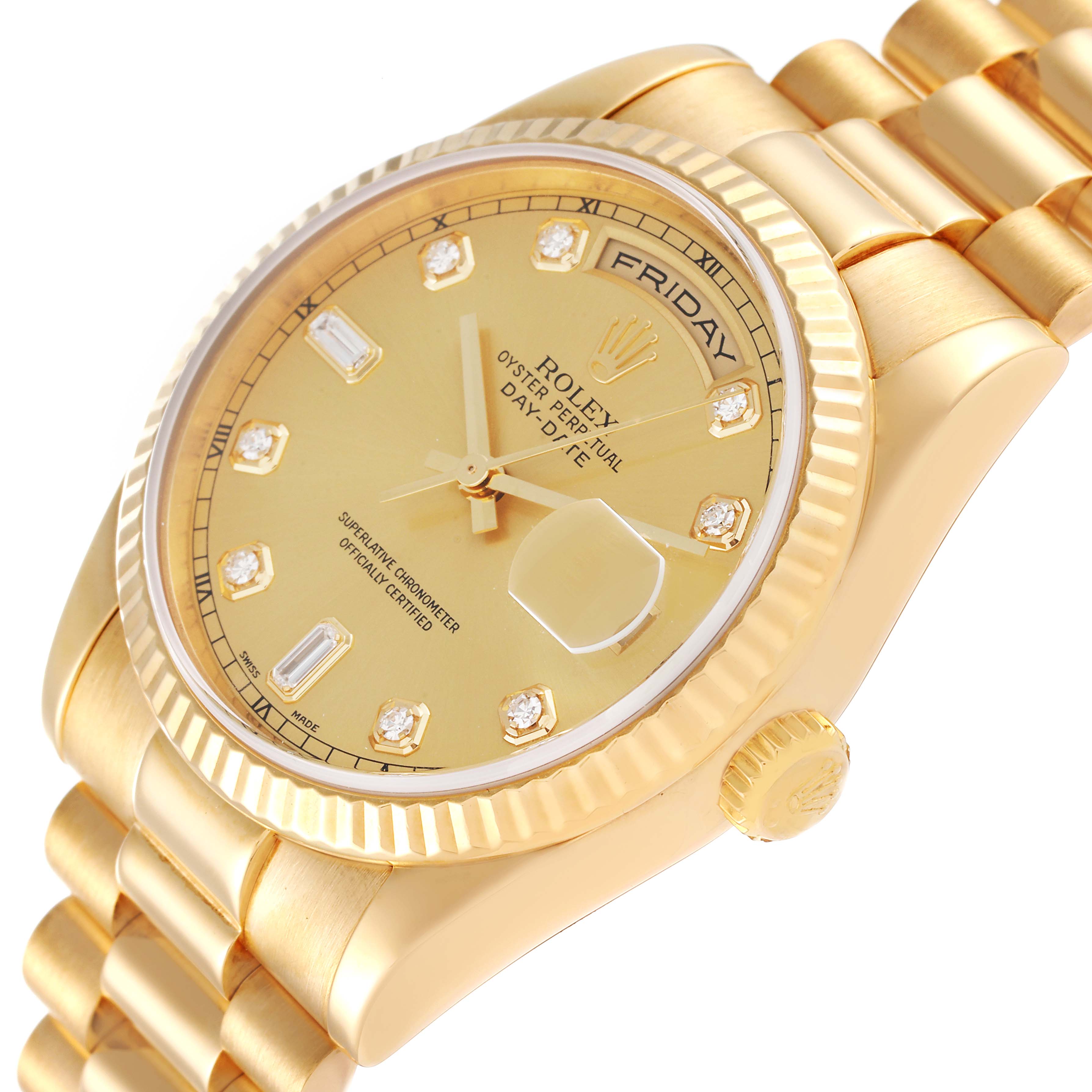 The image shows a close-up of the Rolex President 118238 Men's Yellow Gold Champagne Dial 118238 Men's Yellow Gold Champagne Dial model watch, highlighting its dial, bezel, crown, and bracelet.