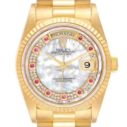 Photo of Rolex President Day-Date Yellow Gold Mother of Pearl Diamond Ruby Myriad Dial Watch 18238 Box