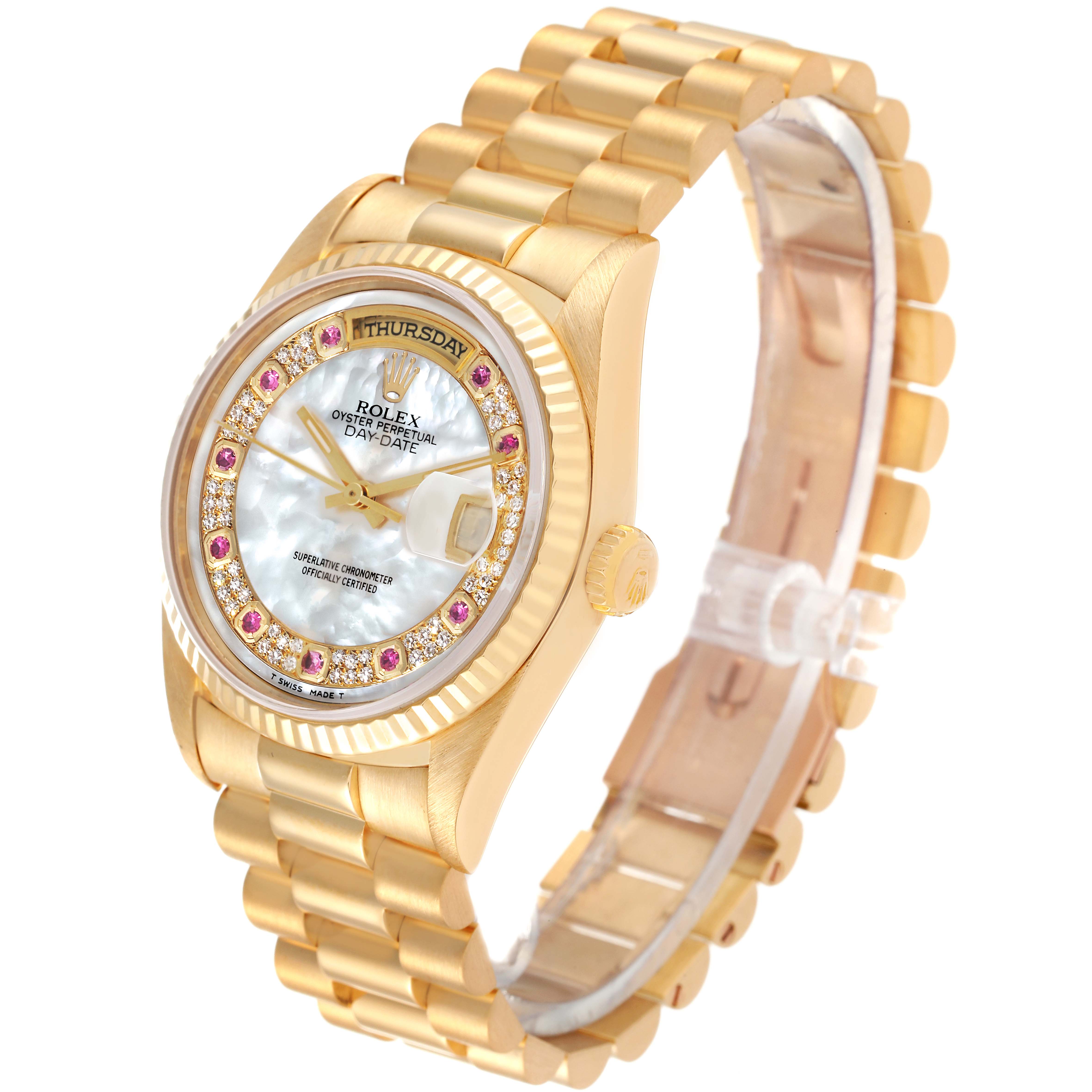 The image shows a Rolex President 18238 Men's Yellow Gold Mother of Pearl Dial 18238 Men's Yellow Gold Mother of Pearl Dial model watch at a three-quarter angle, highlighting its gold bracelet, dial, and bezel with gemstones.