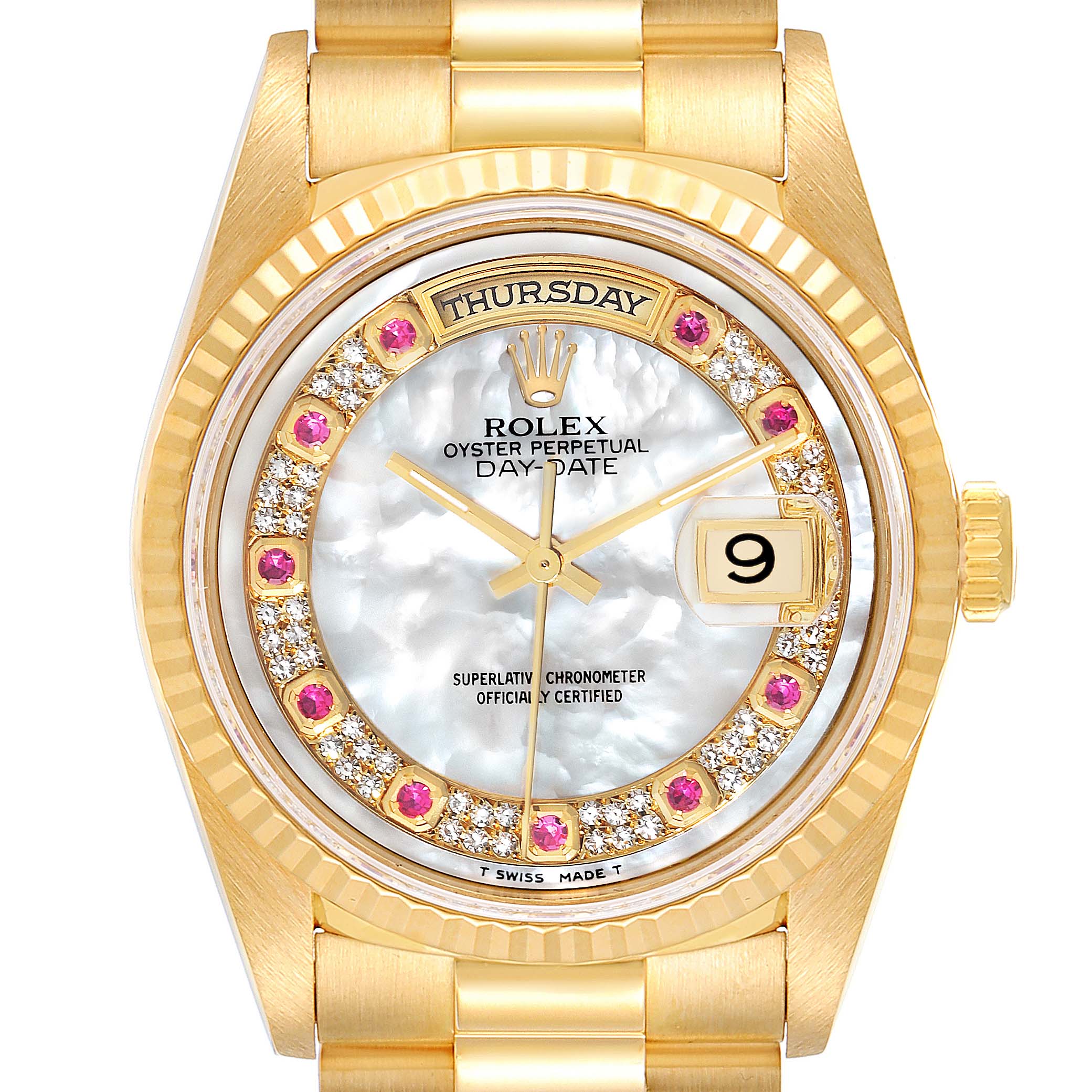 This image shows a frontal view of the Rolex President 18238 Men's Yellow Gold Mother of Pearl Dial 18238 Men's Yellow Gold Mother of Pearl Dial model watch, highlighting the dial, day-date display, and part of the bracelet.