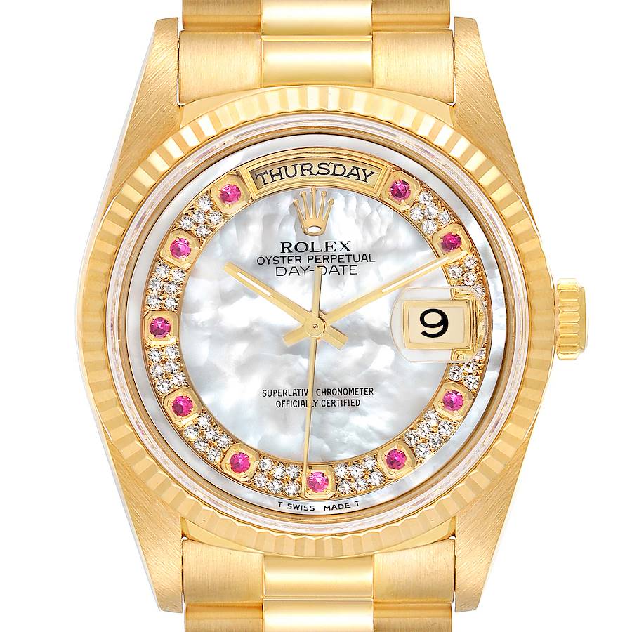 Rolex President Day-Date Yellow Gold Mother of Pearl Diamond Ruby Myriad Dial Watch 18238 Box SwissWatchExpo