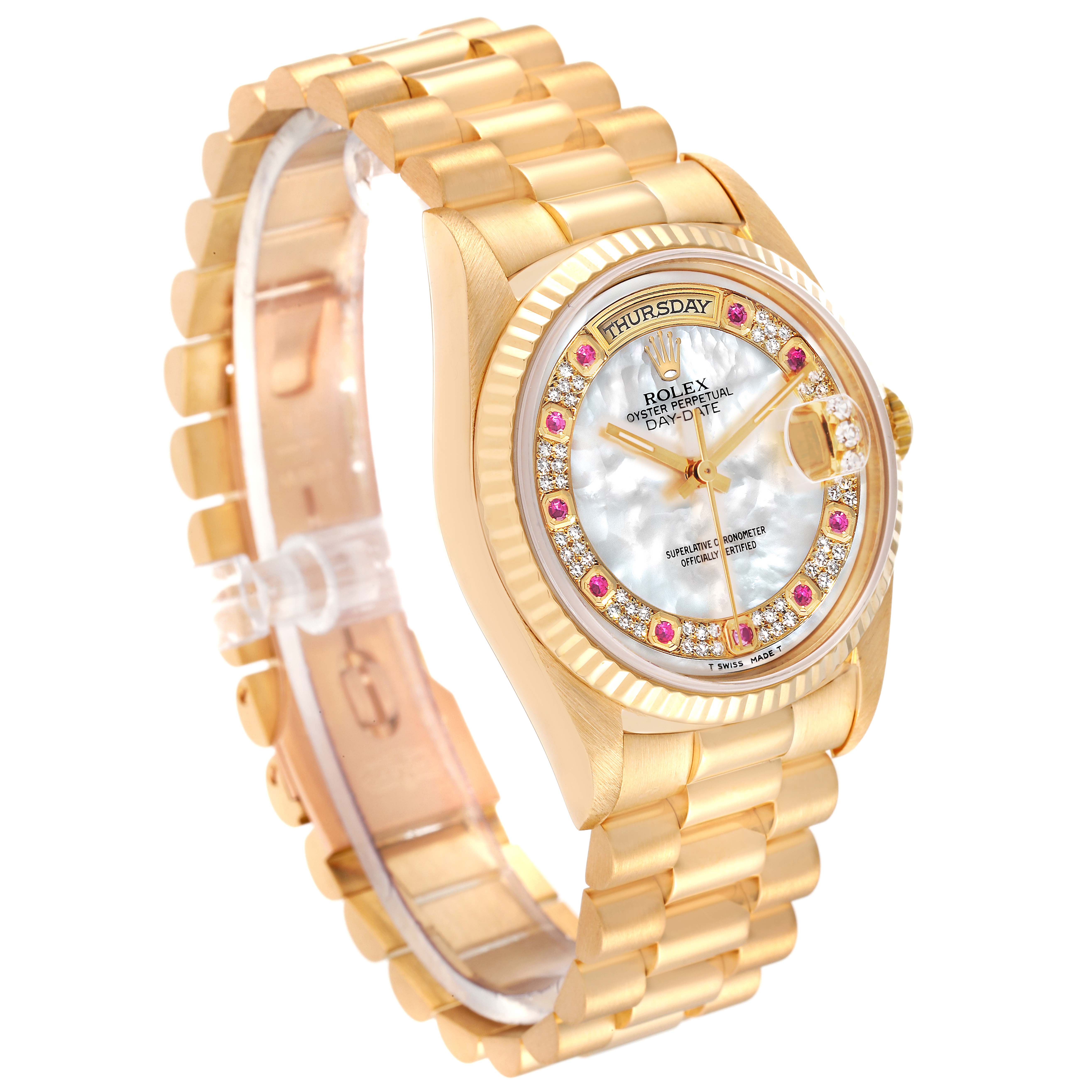 The image shows a side angle view of a Rolex President 18238 Men's Yellow Gold Mother of Pearl Dial 18238 Men's Yellow Gold Mother of Pearl Dial model watch, highlighting the band, bezel, and dial.