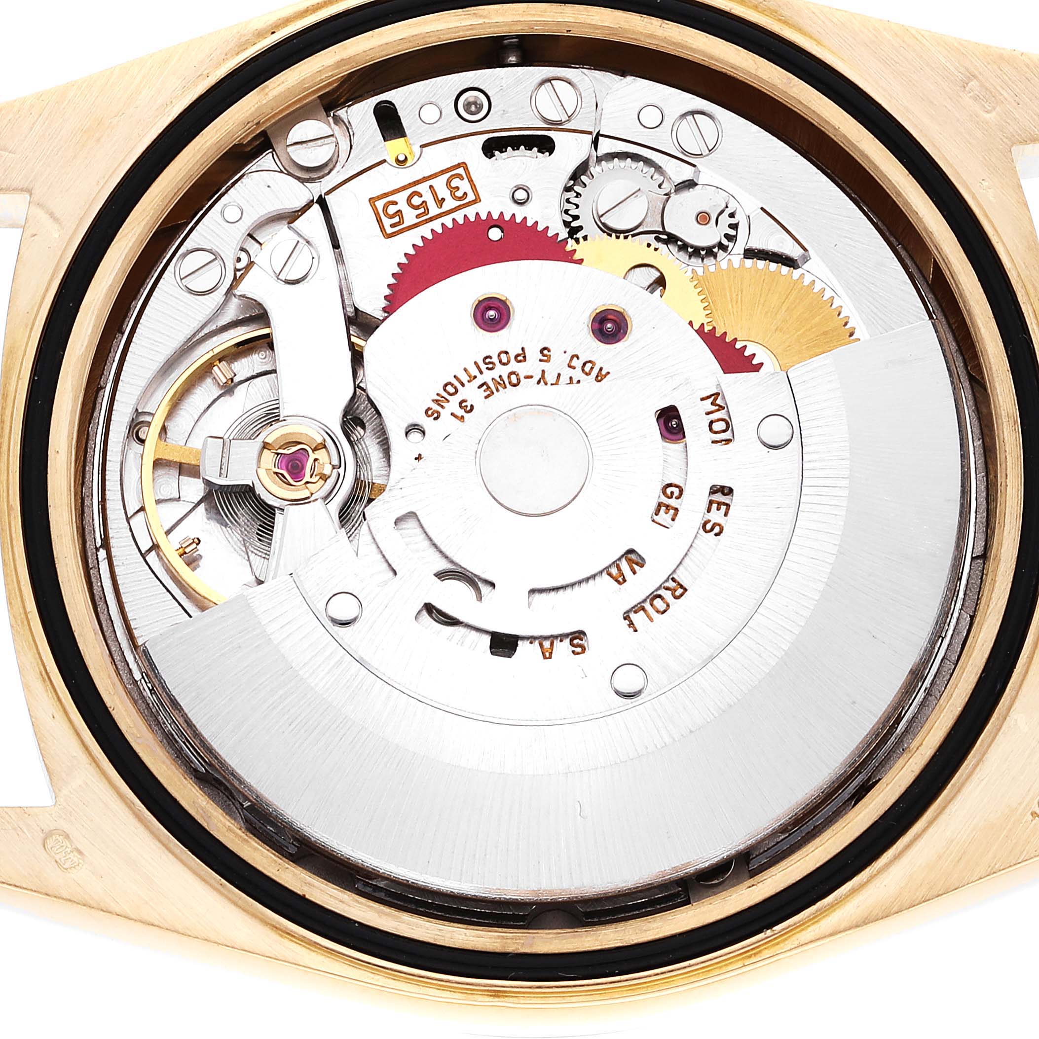 This image shows the internal movement and mechanism of a Rolex President 18238 Men's Yellow Gold Mother of Pearl Dial 18238 Men's Yellow Gold Mother of Pearl Dial model watch from a rear view.