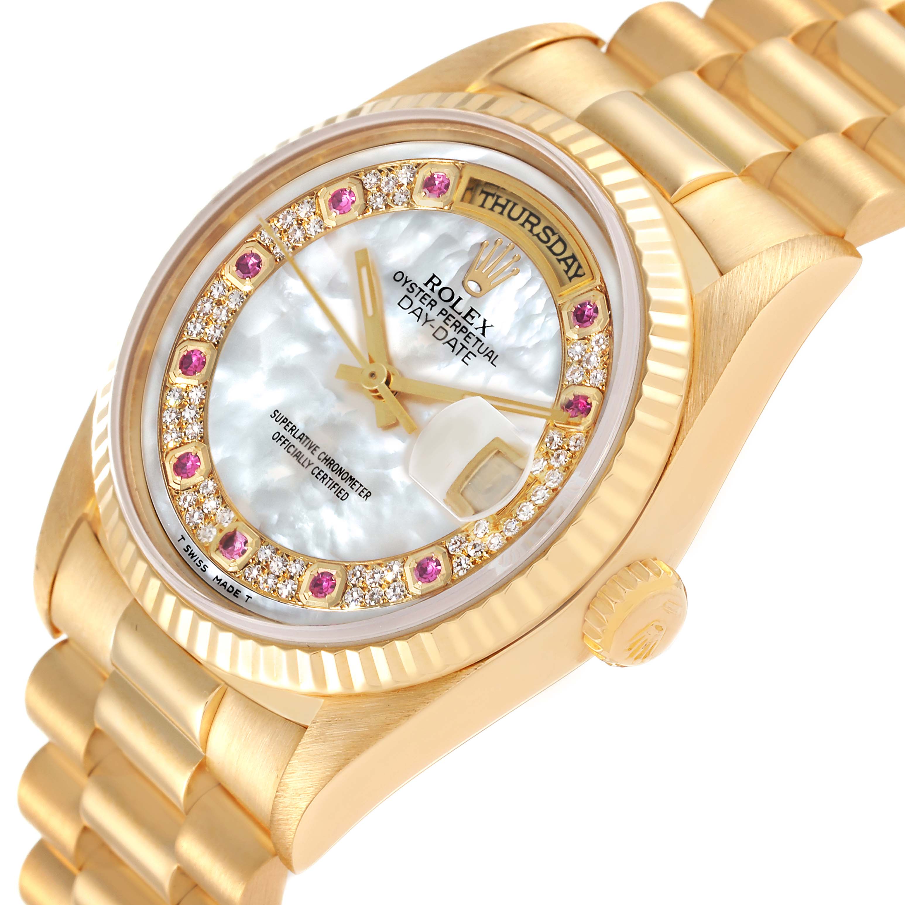The image shows a close-up angled view of the Rolex President 18238 Men's Yellow Gold Mother of Pearl Dial 18238 Men's Yellow Gold Mother of Pearl Dial model watch, highlighting the dial, bezel, crown, and part of the bracelet.