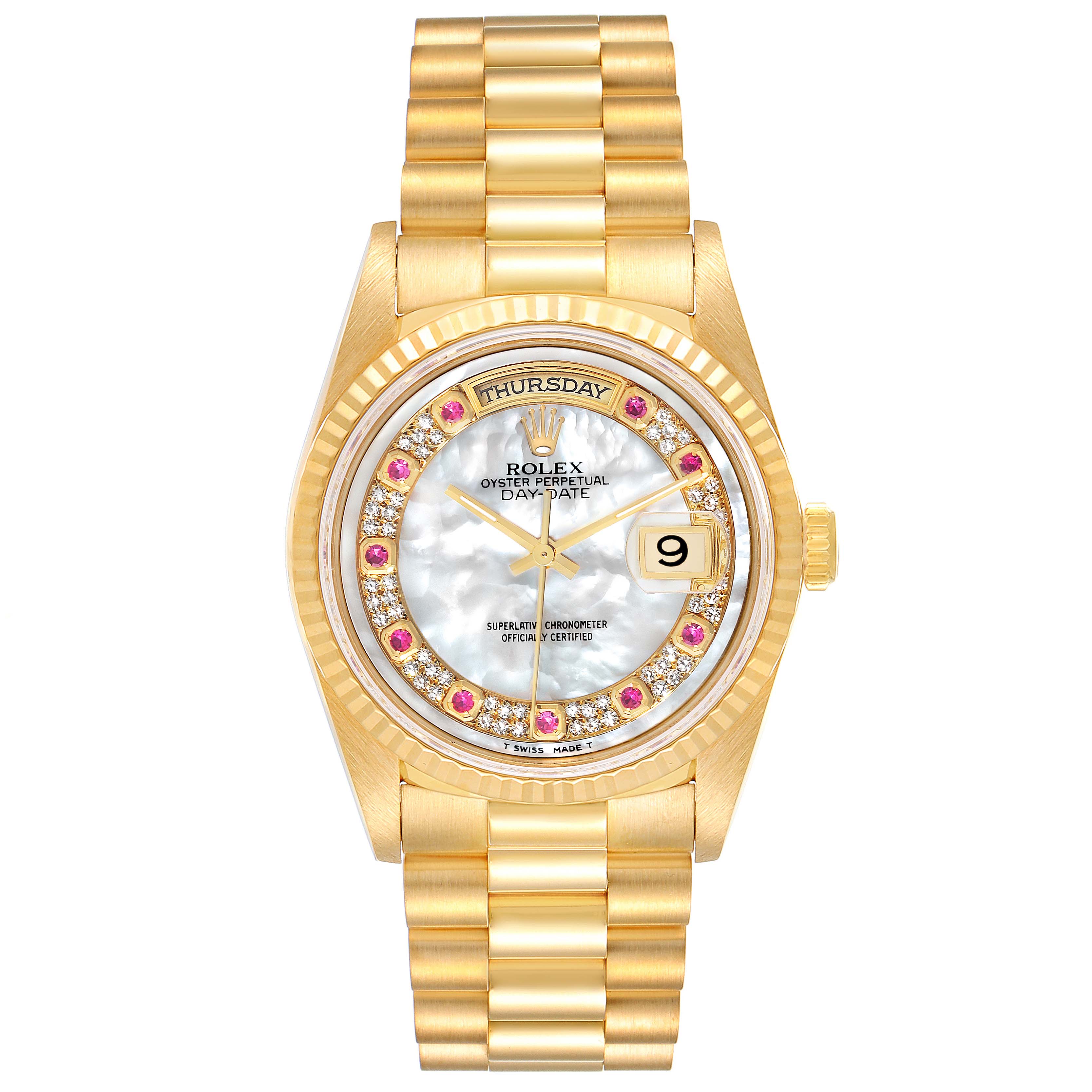 The Rolex President 18238 Men's Yellow Gold Mother of Pearl Dial 18238 Men's Yellow Gold Mother of Pearl Dial model watch is shown from a frontal angle, highlighting its gold bracelet, bezel, dial, and date window.