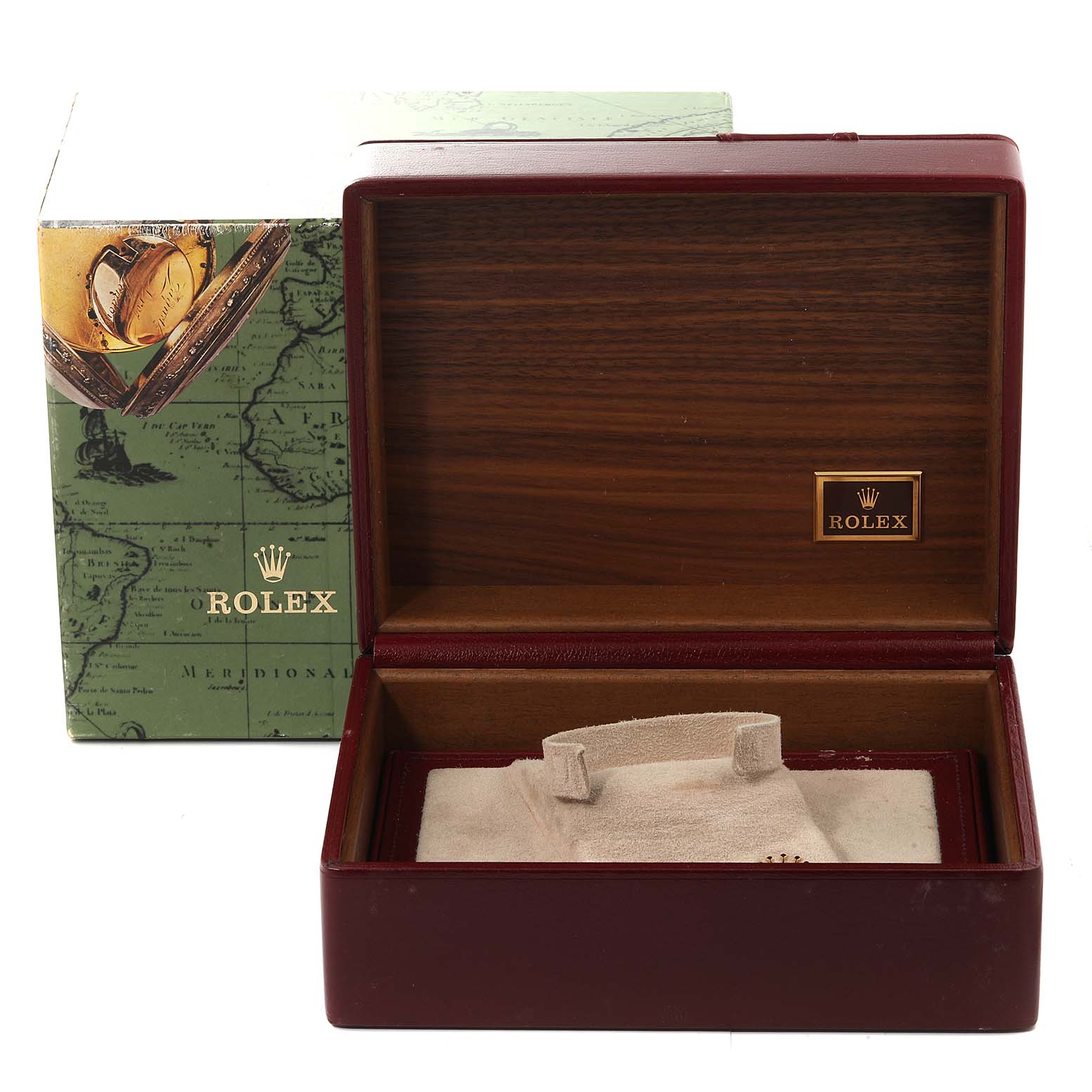 This image shows an open Rolex President 18238 Men's Yellow Gold Mother of Pearl Dial 18238 Men's Yellow Gold Mother of Pearl Dial model watch box and the outer packaging, viewed from the front.