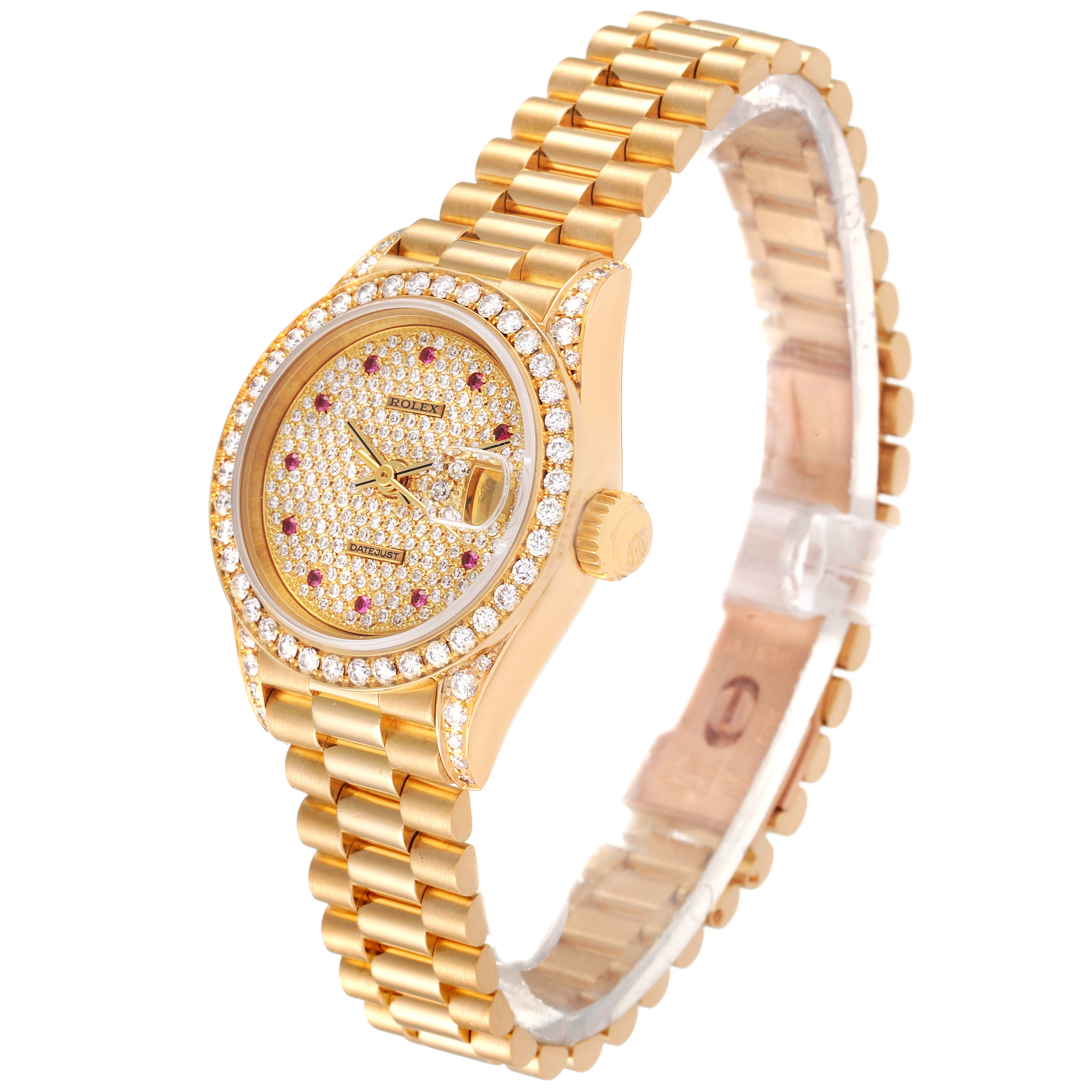 This image shows a Rolex President 69158 Women
s Yellow Gold  69158 Women
s Yellow Gold  model watch at a three-quarter angle, highlighting the face, bracelet, and crown.