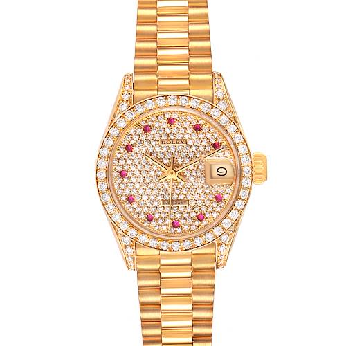 Photo of Rolex President Yellow Gold Diamond Rubies Ladies Watch 69158 Box Papers