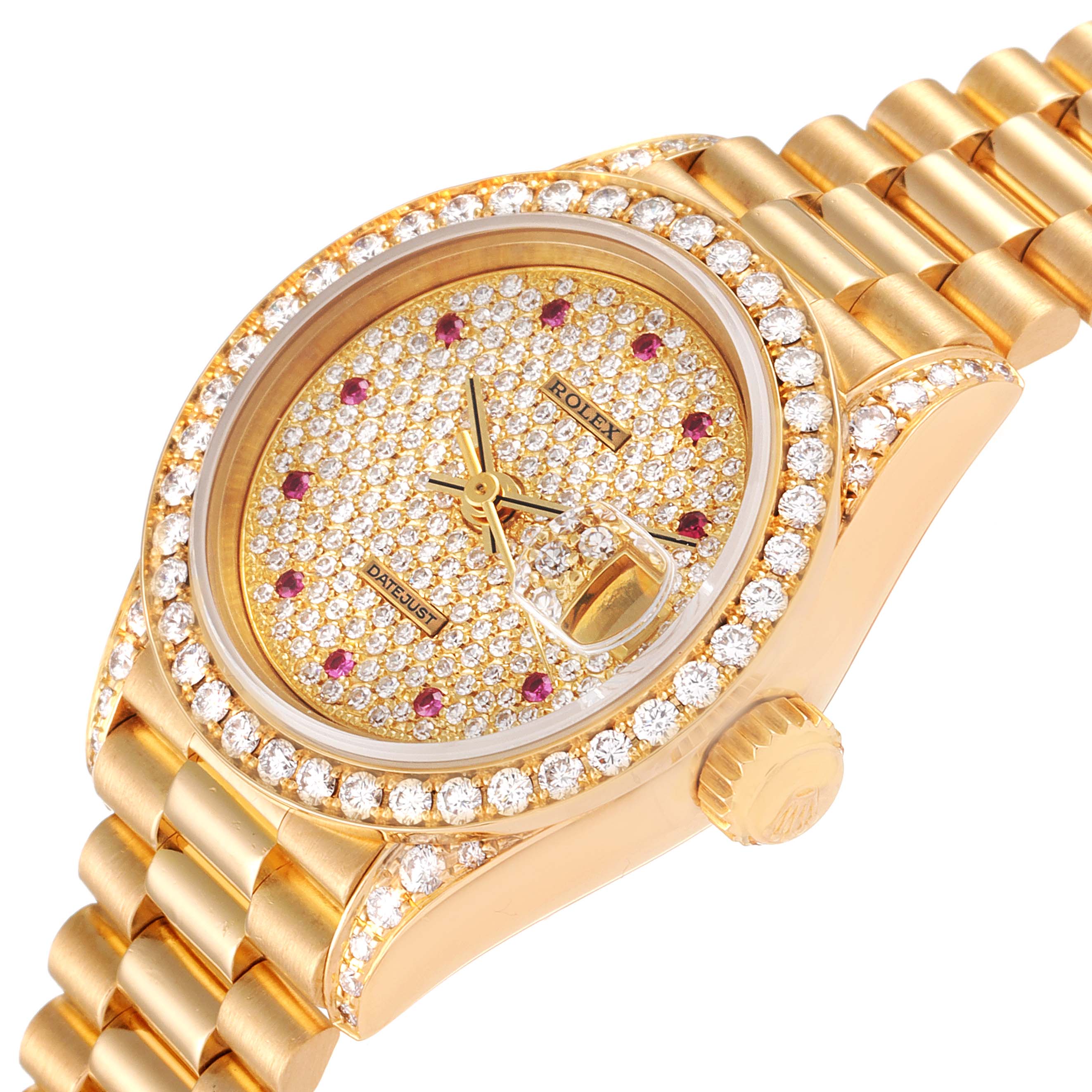 This image shows a close-up of the Rolex President 69158 Women
s Yellow Gold  69158 Women
s Yellow Gold  model watch, featuring the dial, bezel, crown, and part of the bracelet.
