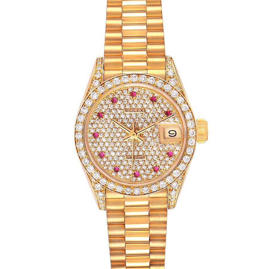 Rolex President Yellow Gold Diamond Rubies Ladies Watch 69158 Box Papers SwissWatchExpo